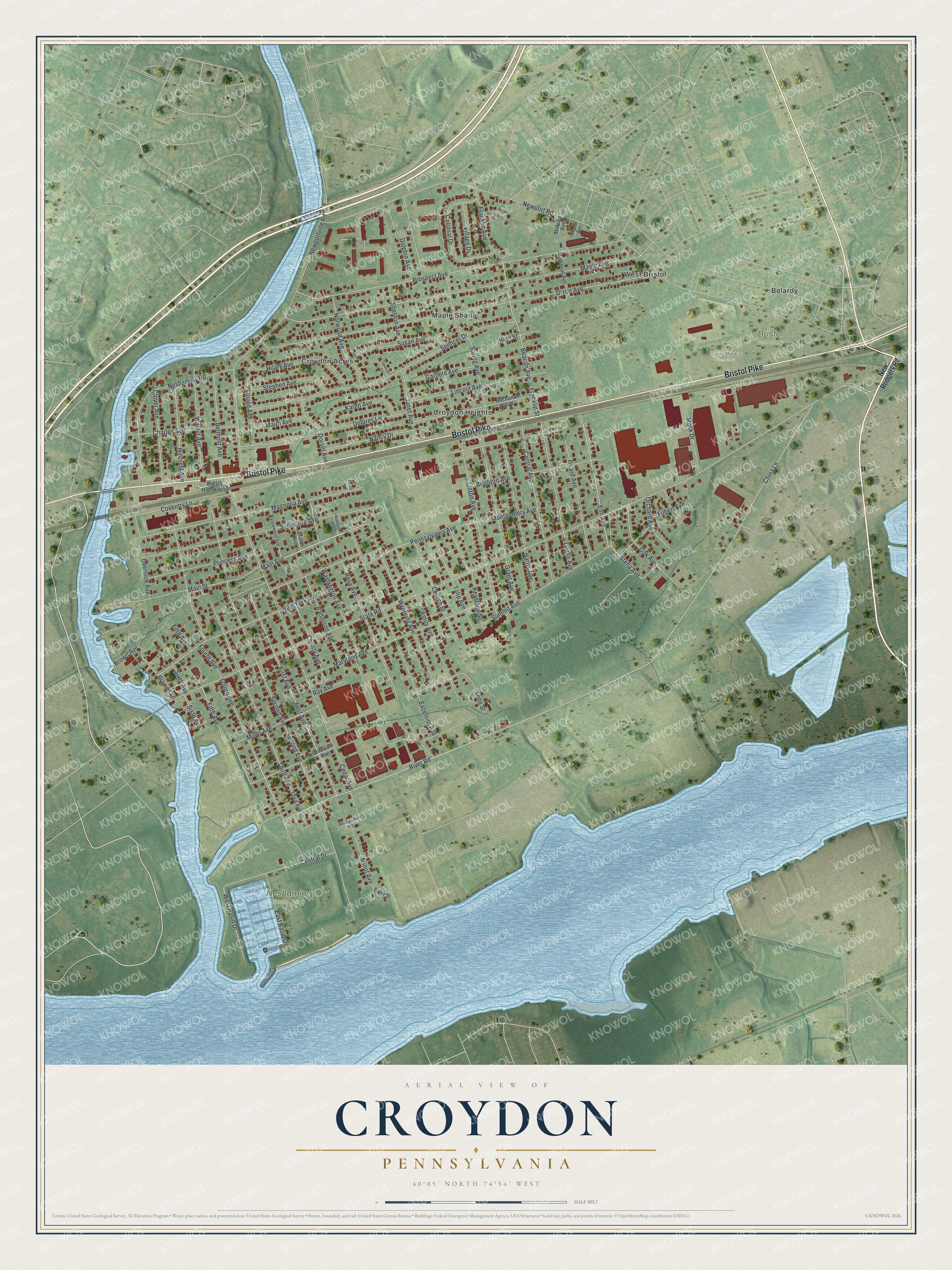 Full map of Croydon, Pennsylvania, with red buildings, printed street names and the land around them