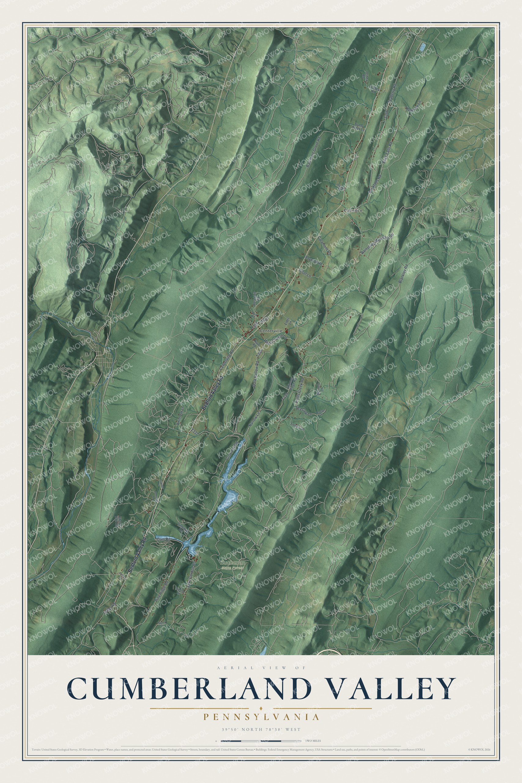 Full map of Cumberland Valley, Pennsylvania, with red buildings, printed street names and the land around them