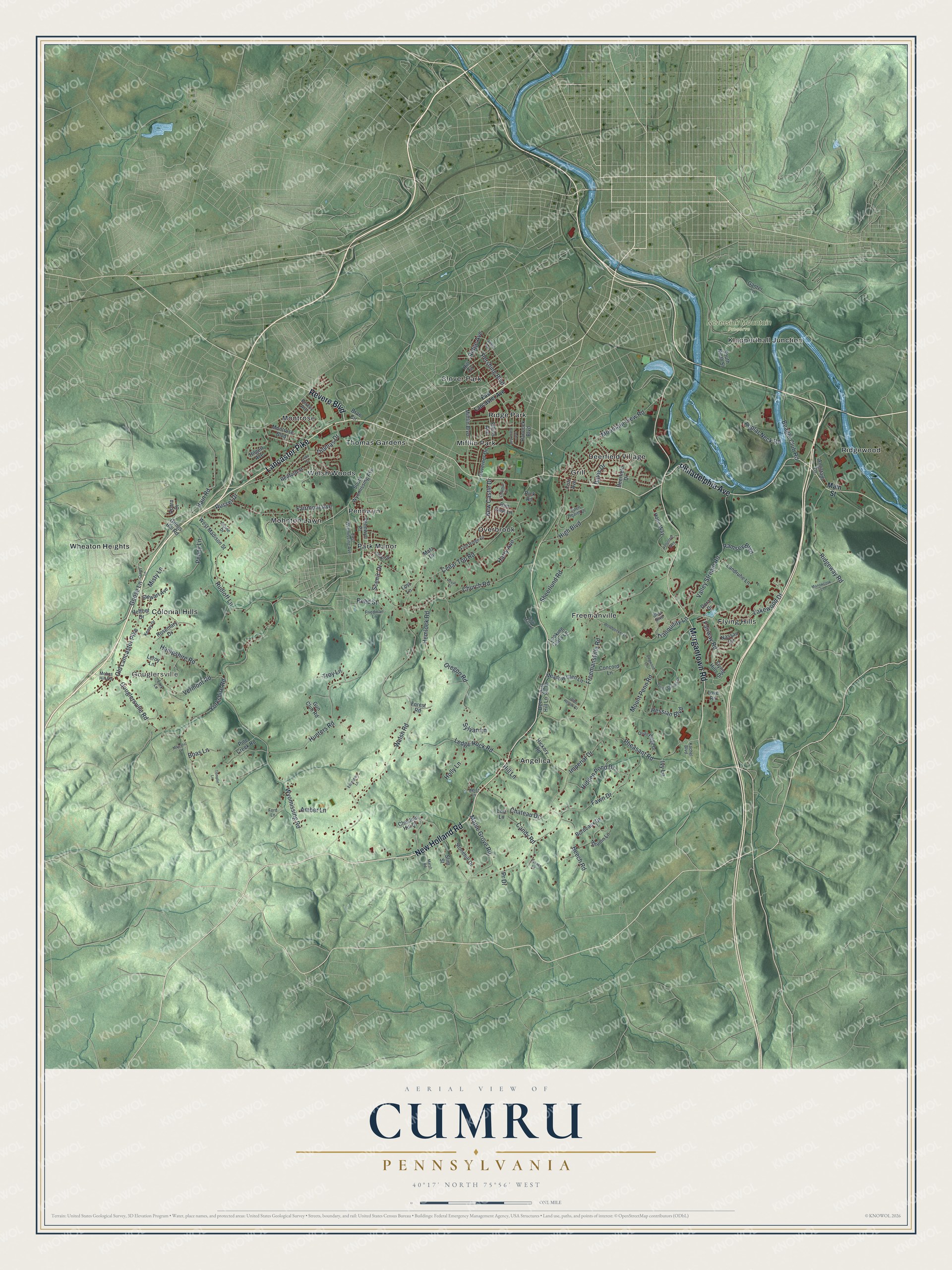 Full map of Cumru, Pennsylvania, with red buildings, printed street names and the land around them
