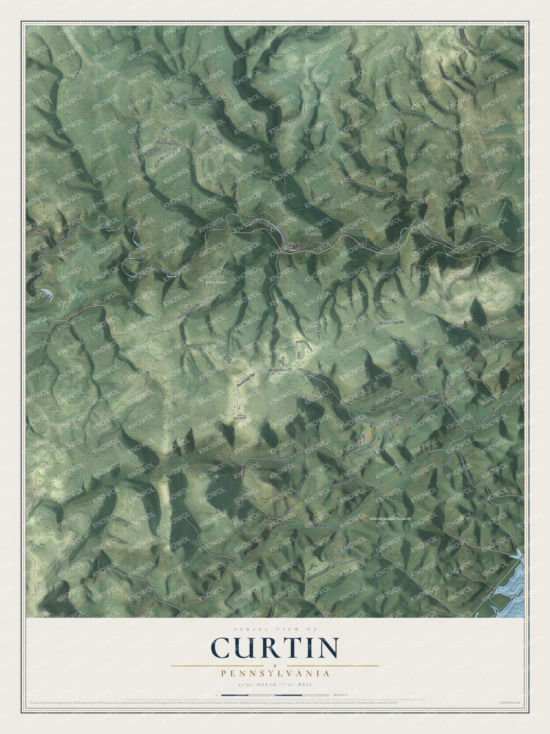 Full map of Curtin, Pennsylvania, with red buildings, printed street names and the land around them
