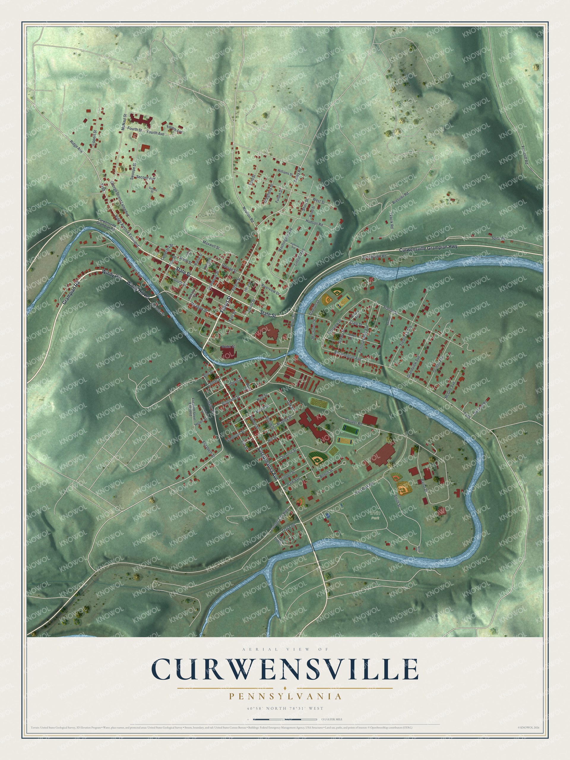 Full map of Curwensville, Pennsylvania, with red buildings, printed street names and the land around them