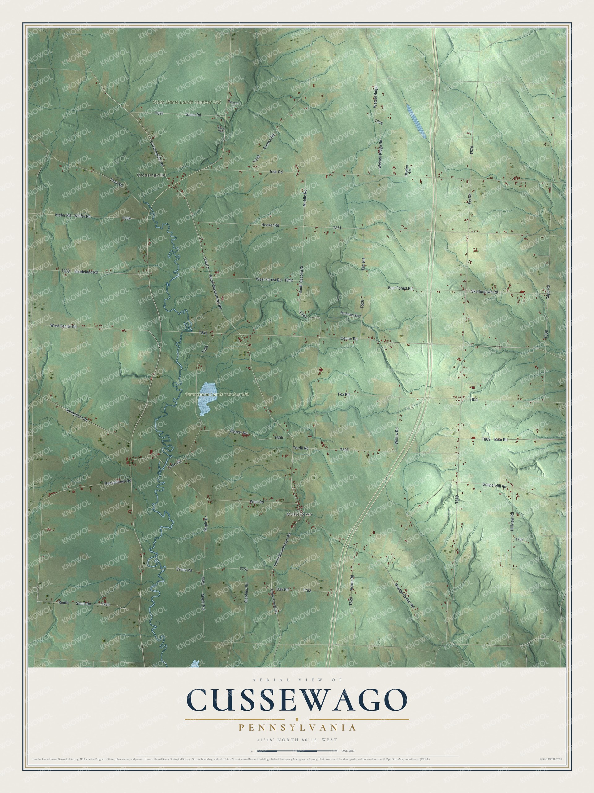 Full map of Cussewago, Pennsylvania, with red buildings, printed street names and the land around them