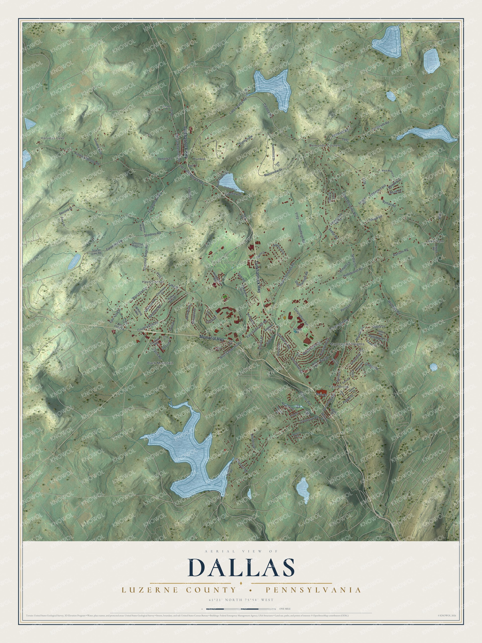 Full map of Dallas Township, Pennsylvania, with red buildings, printed street names and the land around them