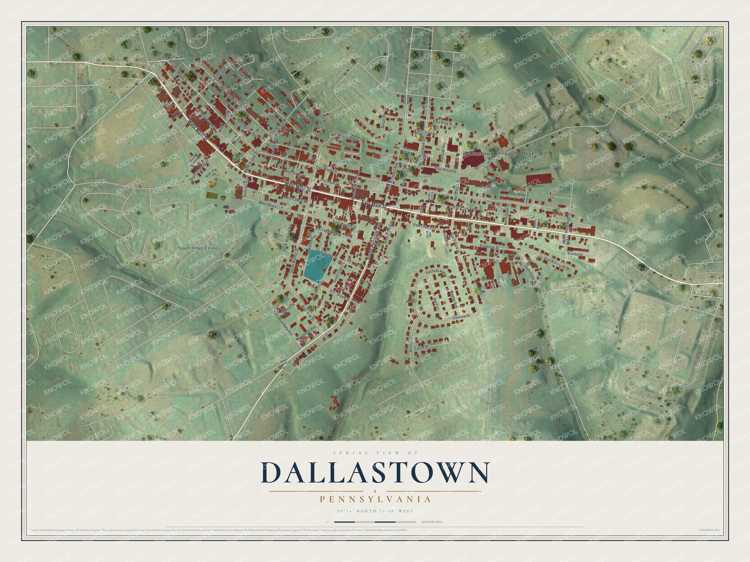 Full map of Dallastown, Pennsylvania, with red buildings, printed street names and the land around them
