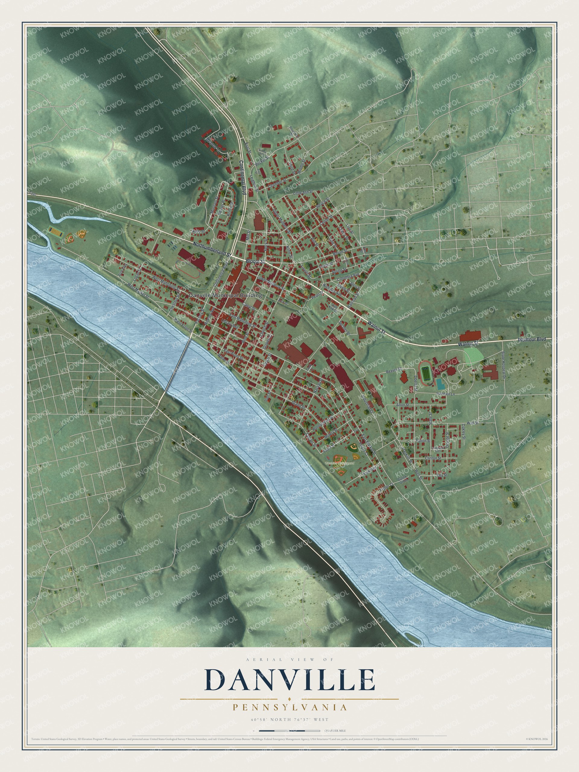 Full map of Danville, Pennsylvania, with red buildings, printed street names and the land around them