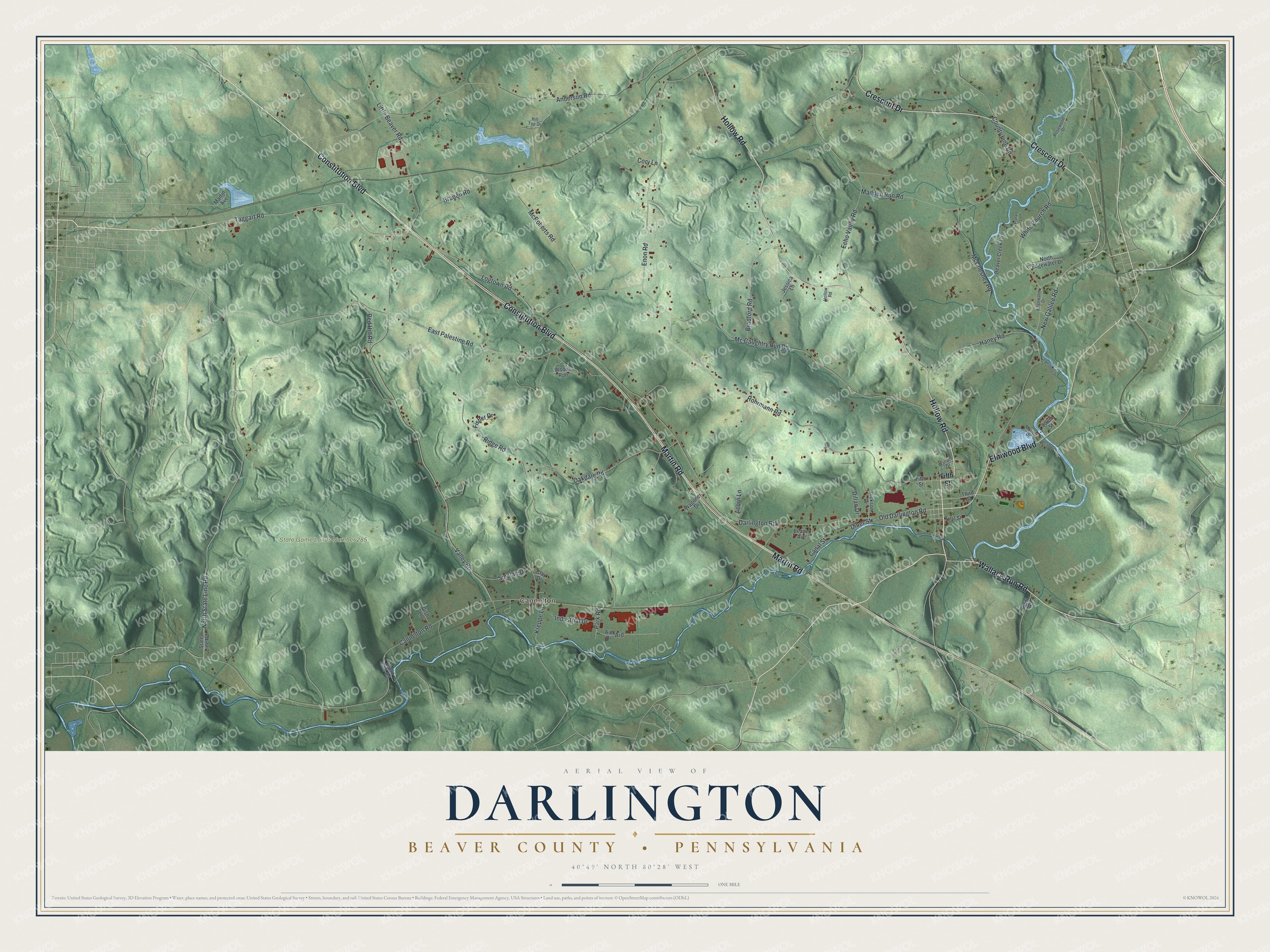 Full map of Darlington Township, Pennsylvania, with red buildings, printed street names and the land around them