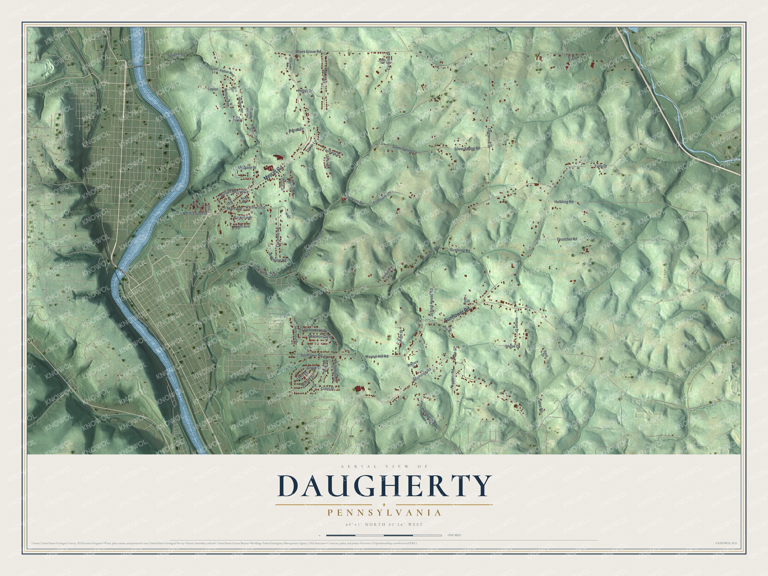 Full map of Daugherty, Pennsylvania, with red buildings, printed street names and the land around them
