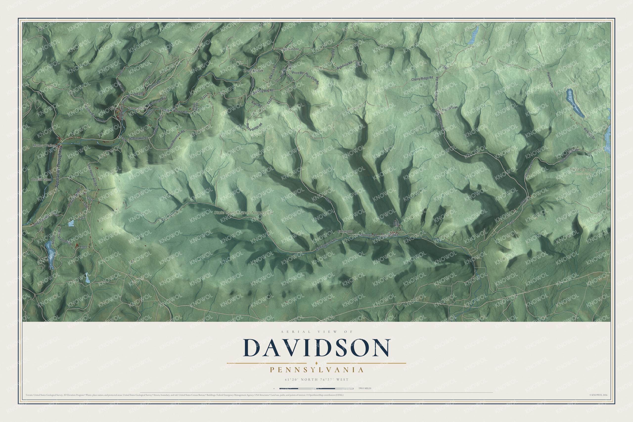 Full map of Davidson, Pennsylvania, with red buildings, printed street names and the land around them