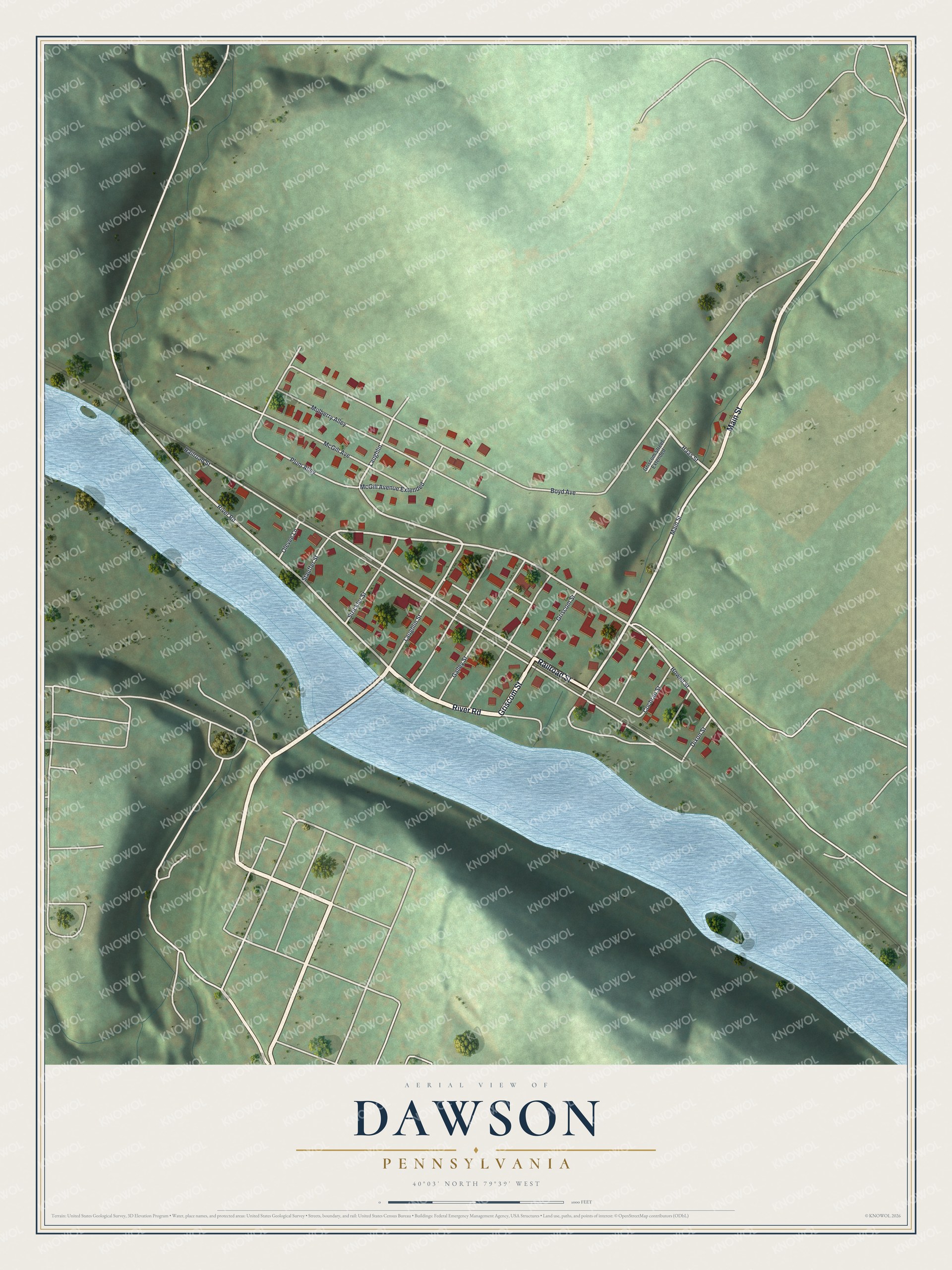Full map of Dawson, Pennsylvania, with red buildings, printed street names and the land around them