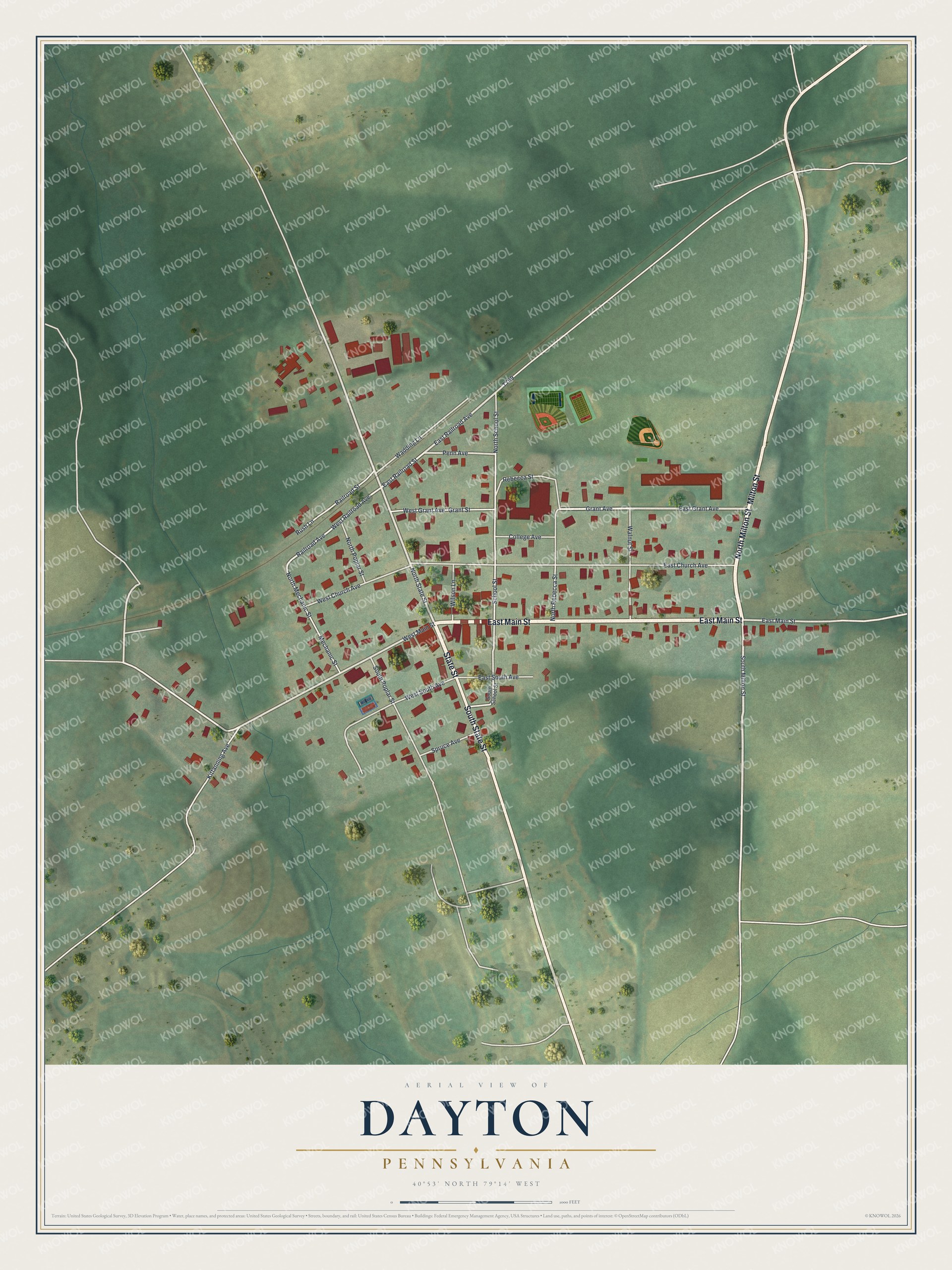Full map of Dayton, Pennsylvania, with red buildings, printed street names and the land around them