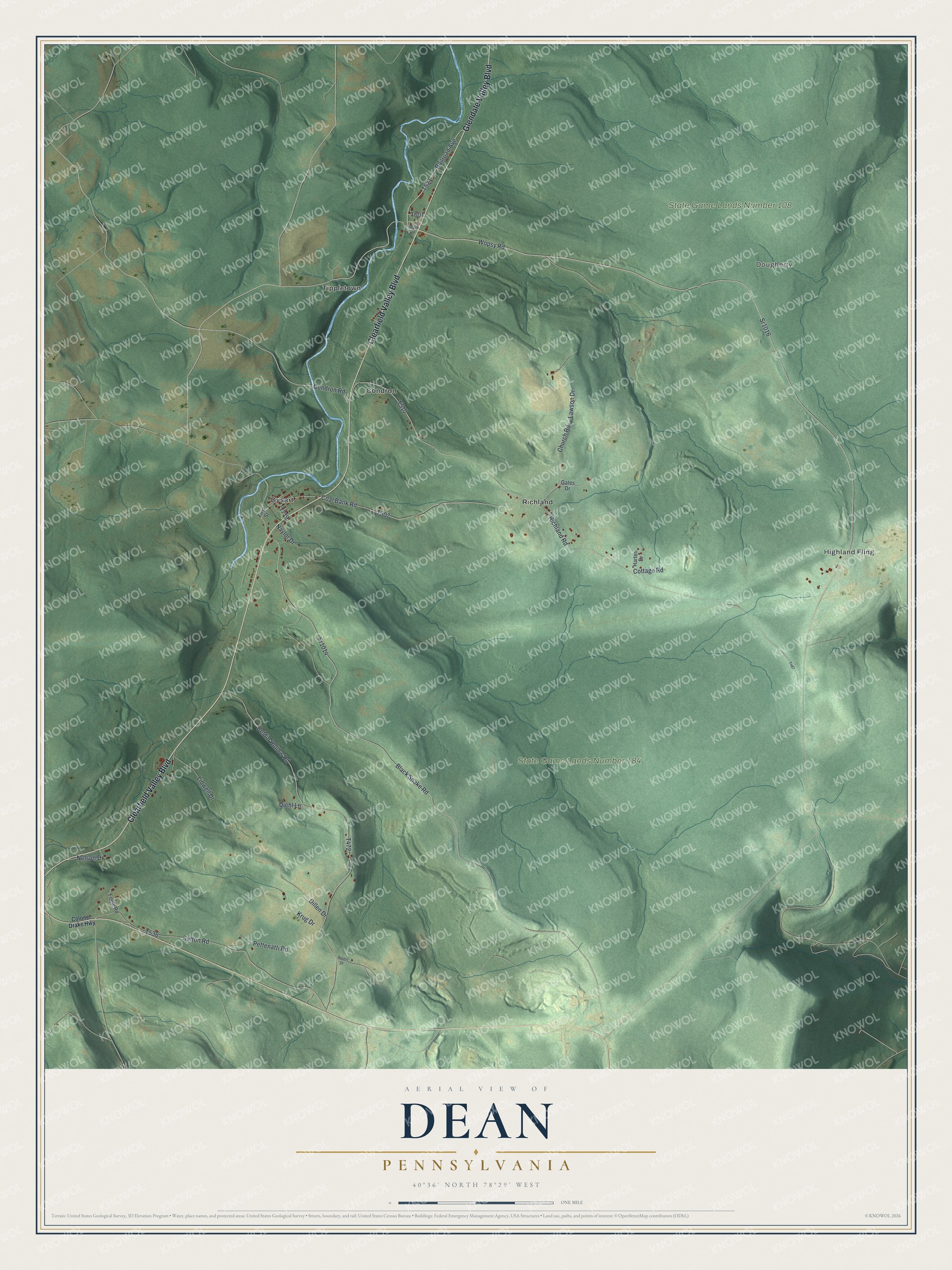 Full map of Dean, Pennsylvania, with red buildings, printed street names and the land around them