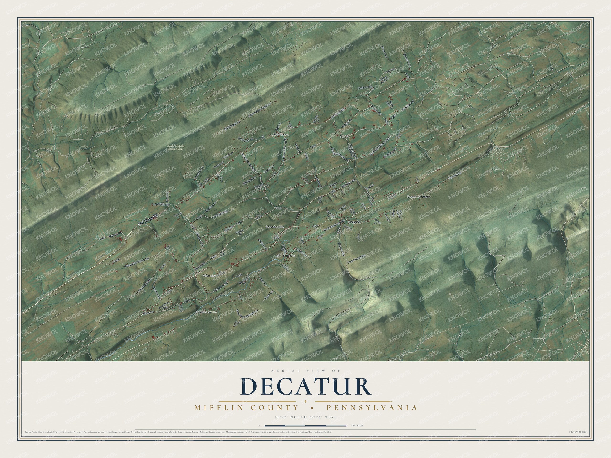 Full map of Decatur, Mifflin County, Pennsylvania, with red buildings, printed street names and the land around them