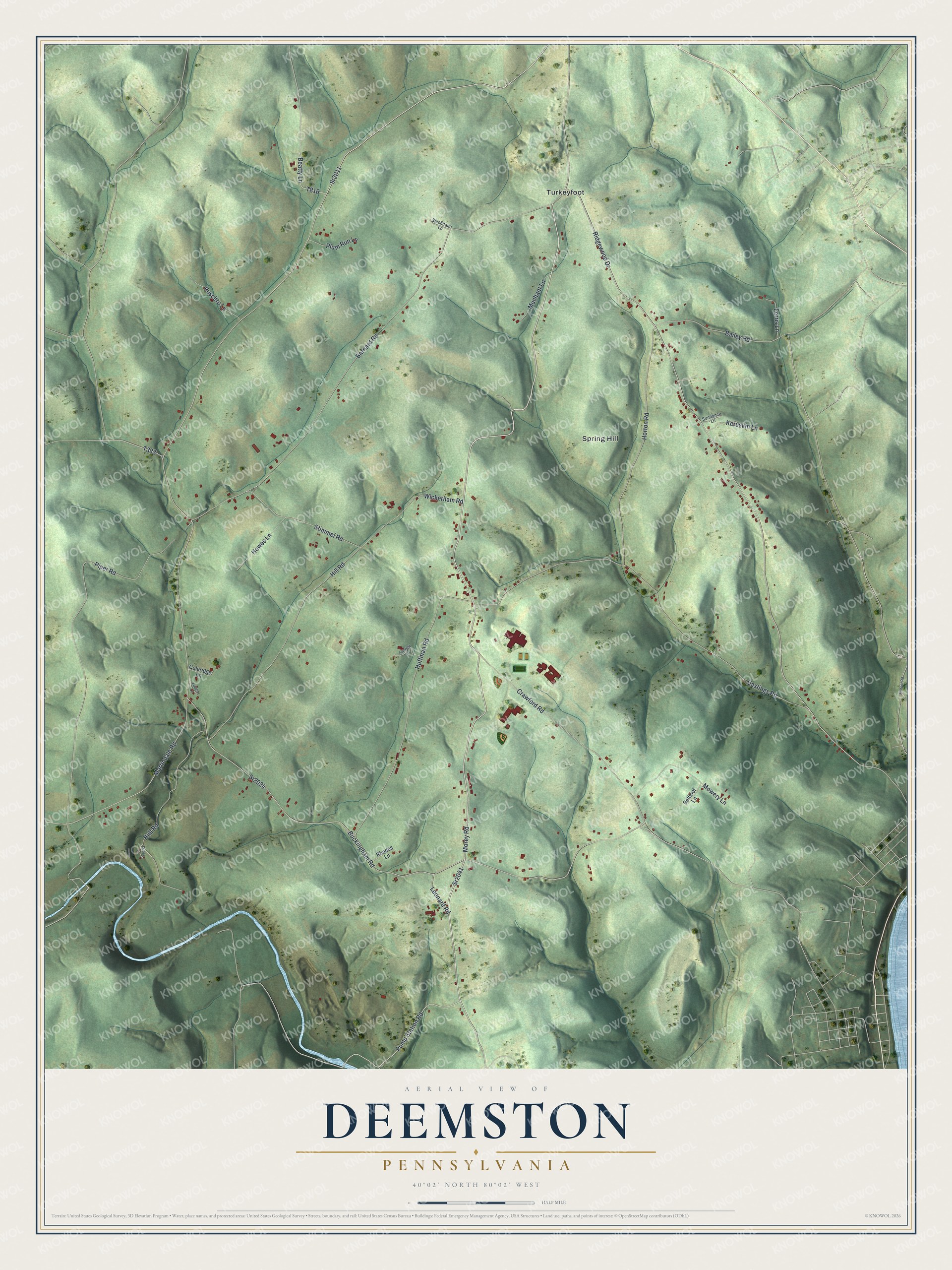 Full map of Deemston, Pennsylvania, with red buildings, printed street names and the land around them