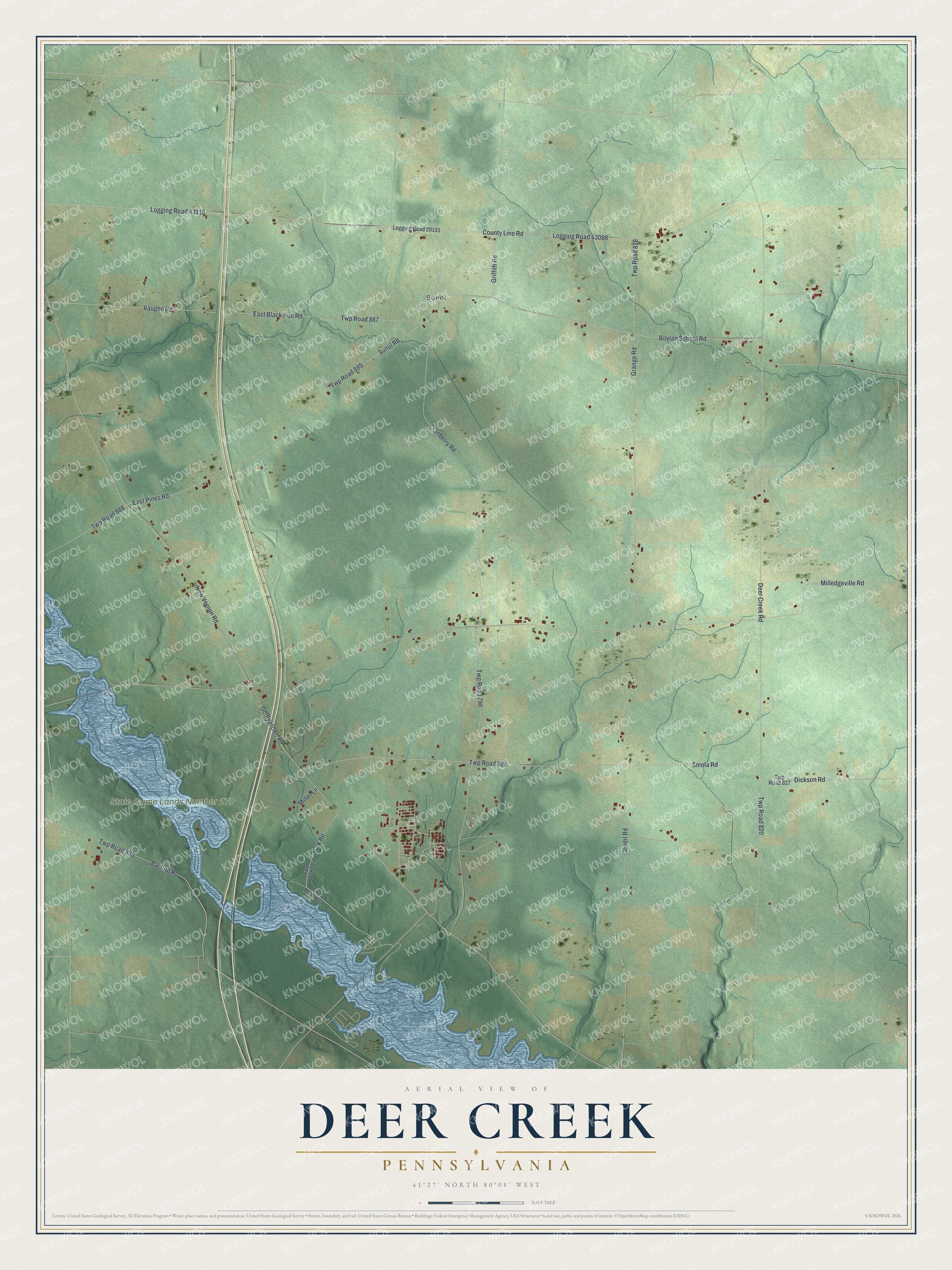 Full map of Deer Creek, Pennsylvania, with red buildings, printed street names and the land around them