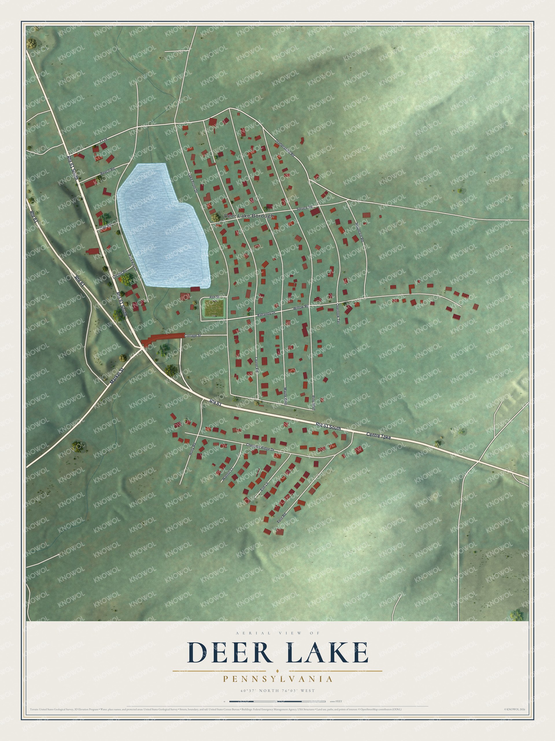 Full map of Deer Lake, Pennsylvania, with red buildings, printed street names and the land around them