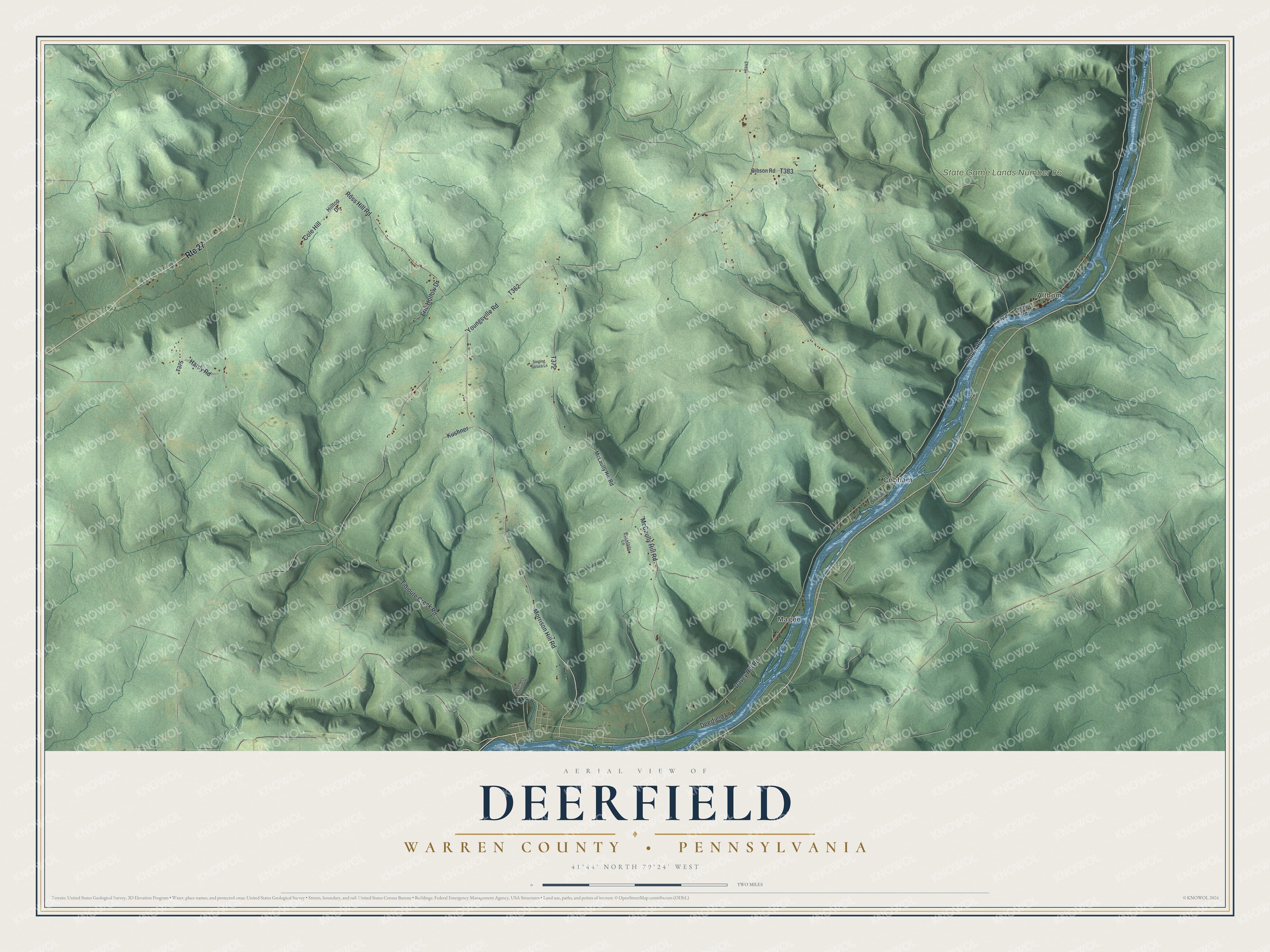 Full map of Deerfield, Warren County, Pennsylvania, with red buildings, printed street names and the land around them