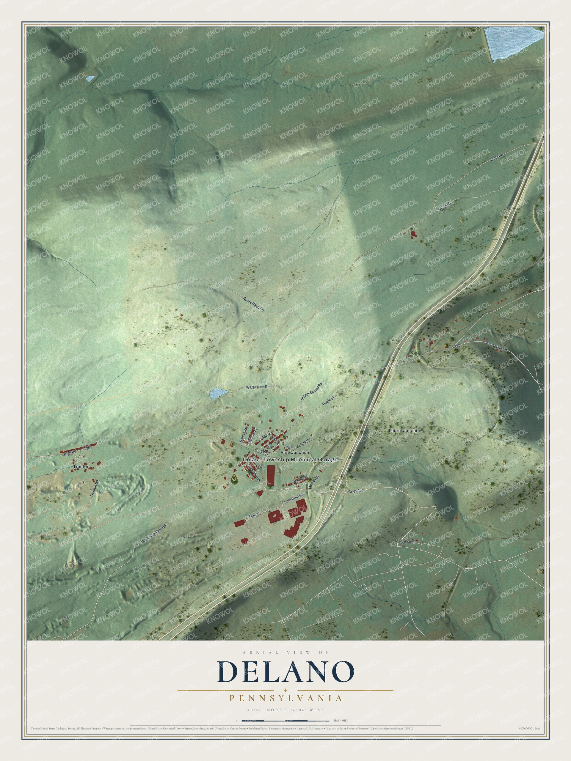 Full map of Delano, Pennsylvania, with red buildings, printed street names and the land around them