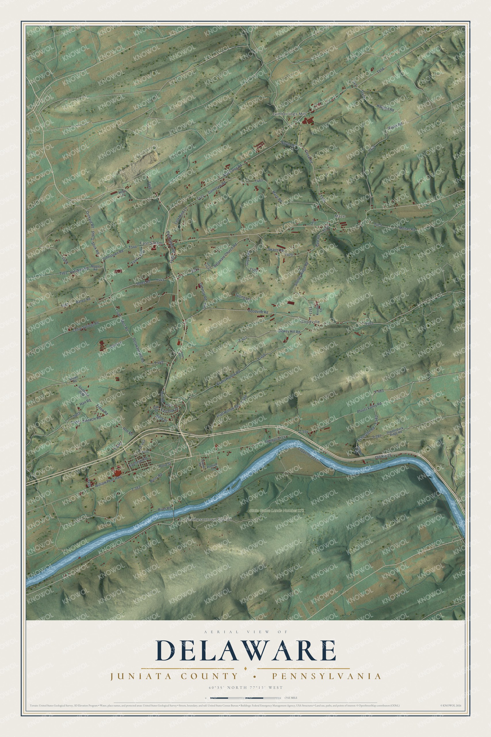 Full map of Delaware, Juniata County, Pennsylvania, with red buildings, printed street names and the land around them