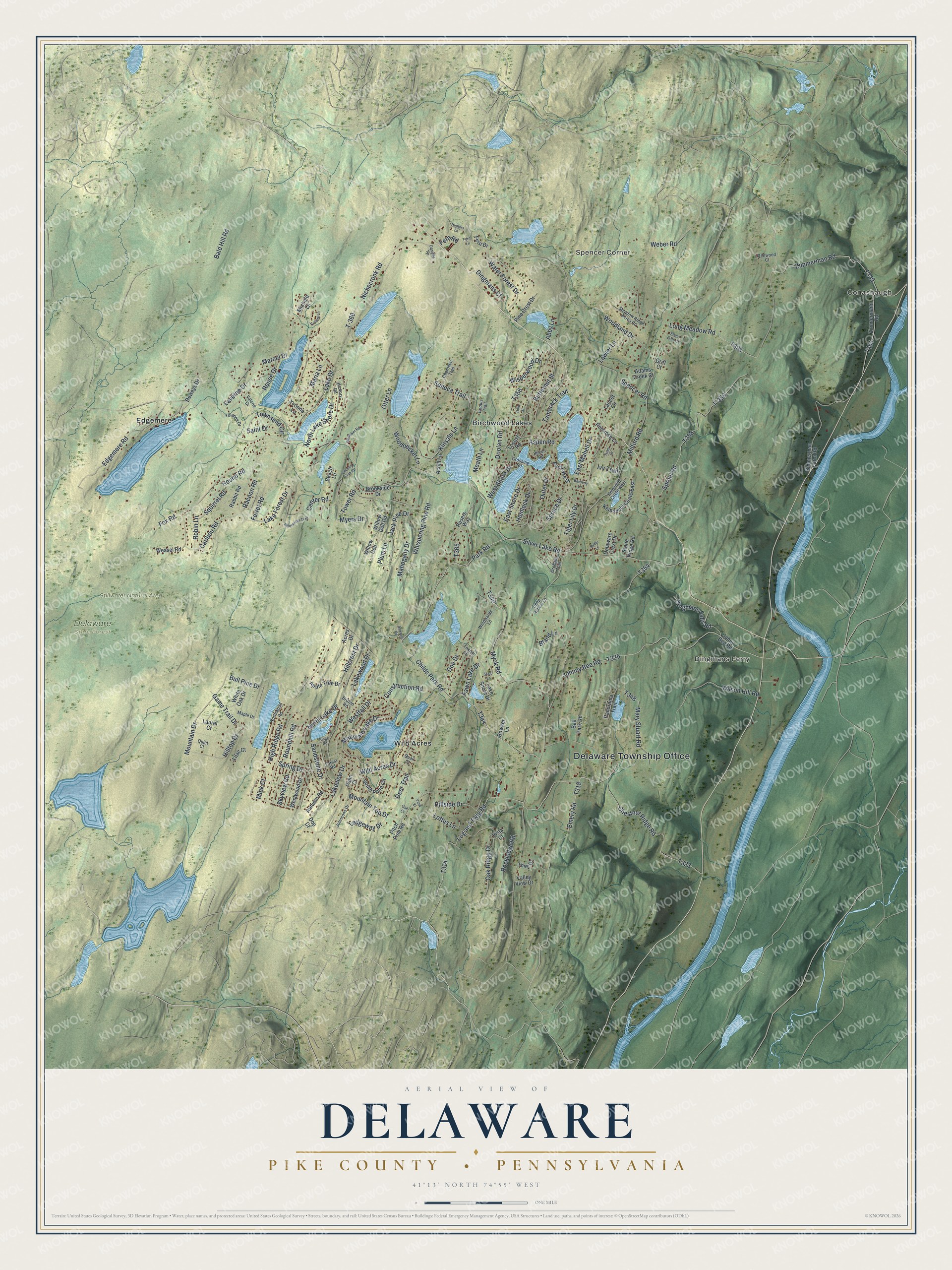 Full map of Delaware, Pike County, Pennsylvania, with red buildings, printed street names and the land around them