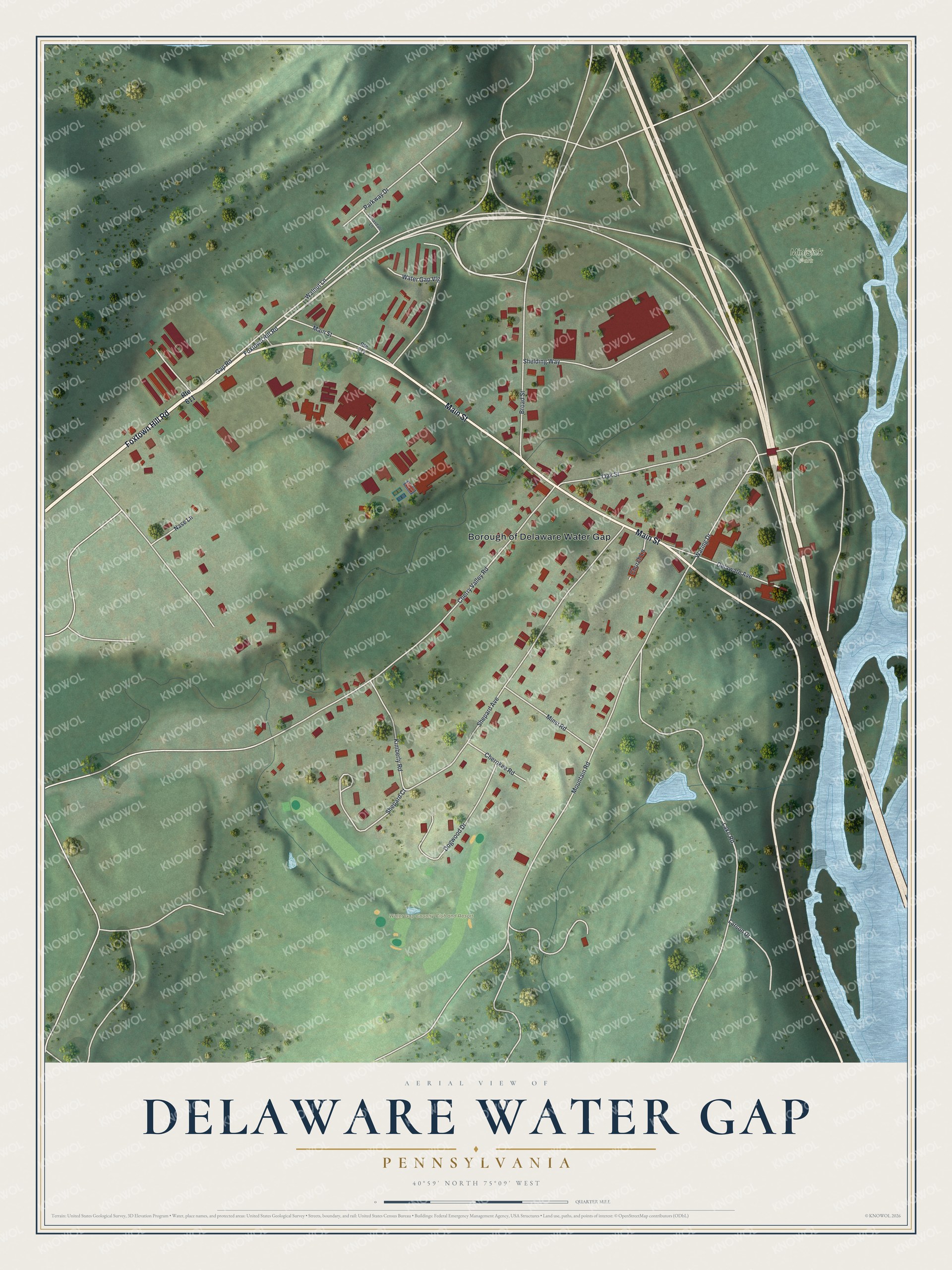 Full map of Delaware Water Gap, Pennsylvania, with red buildings, printed street names and the land around them