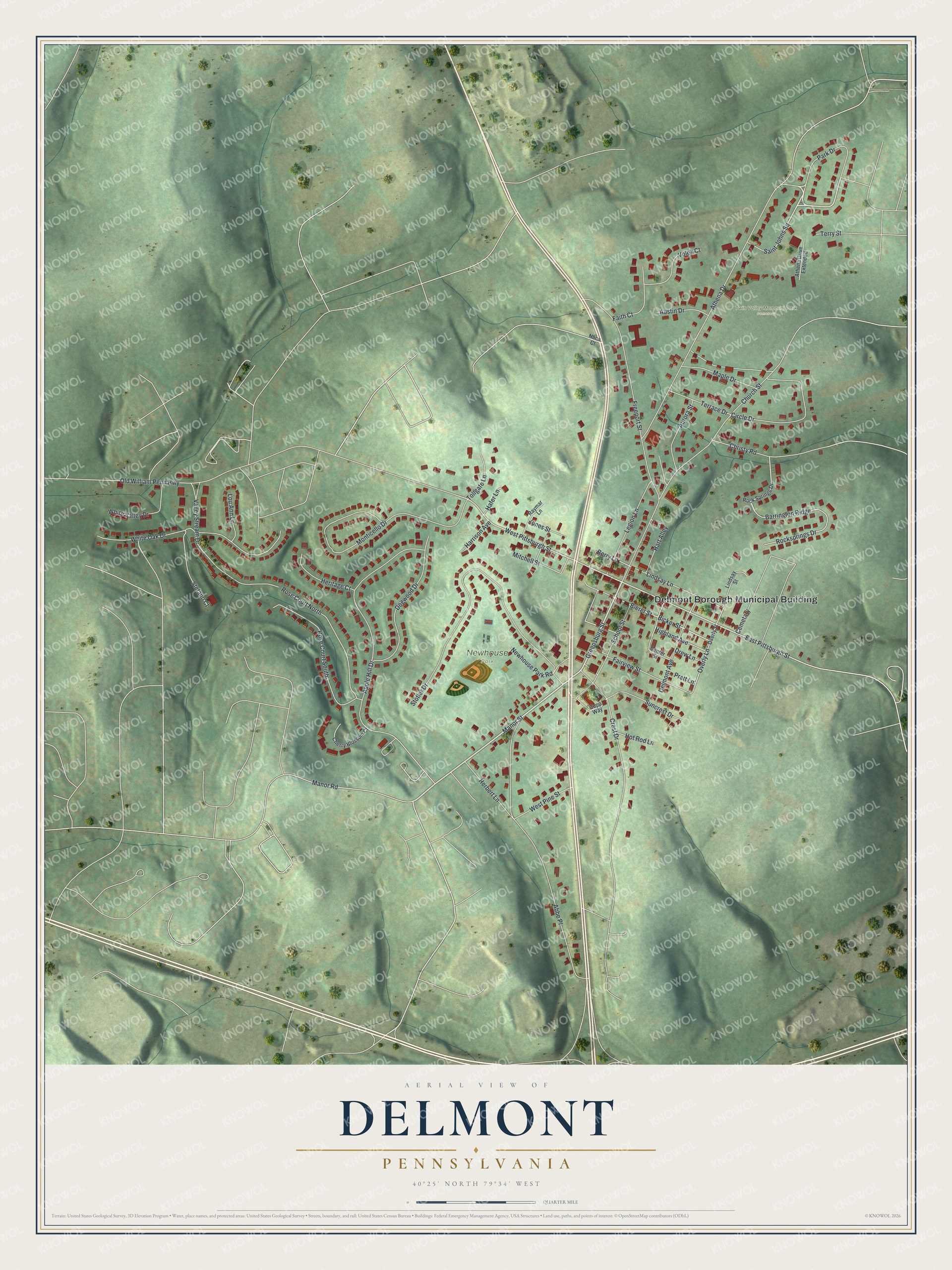 Full map of Delmont, Pennsylvania, with red buildings, printed street names and the land around them
