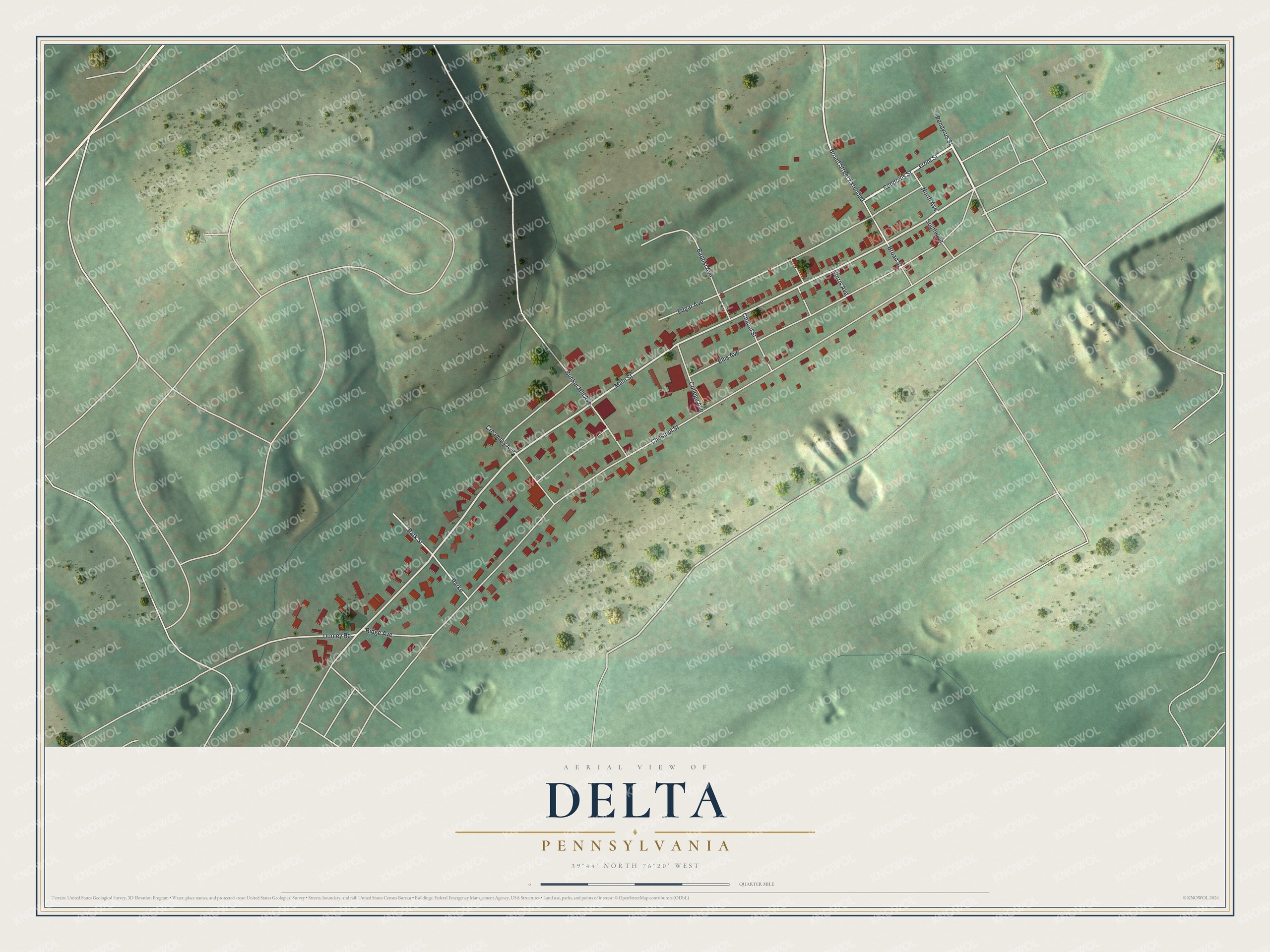 Full map of Delta, Pennsylvania, with red buildings, printed street names and the land around them