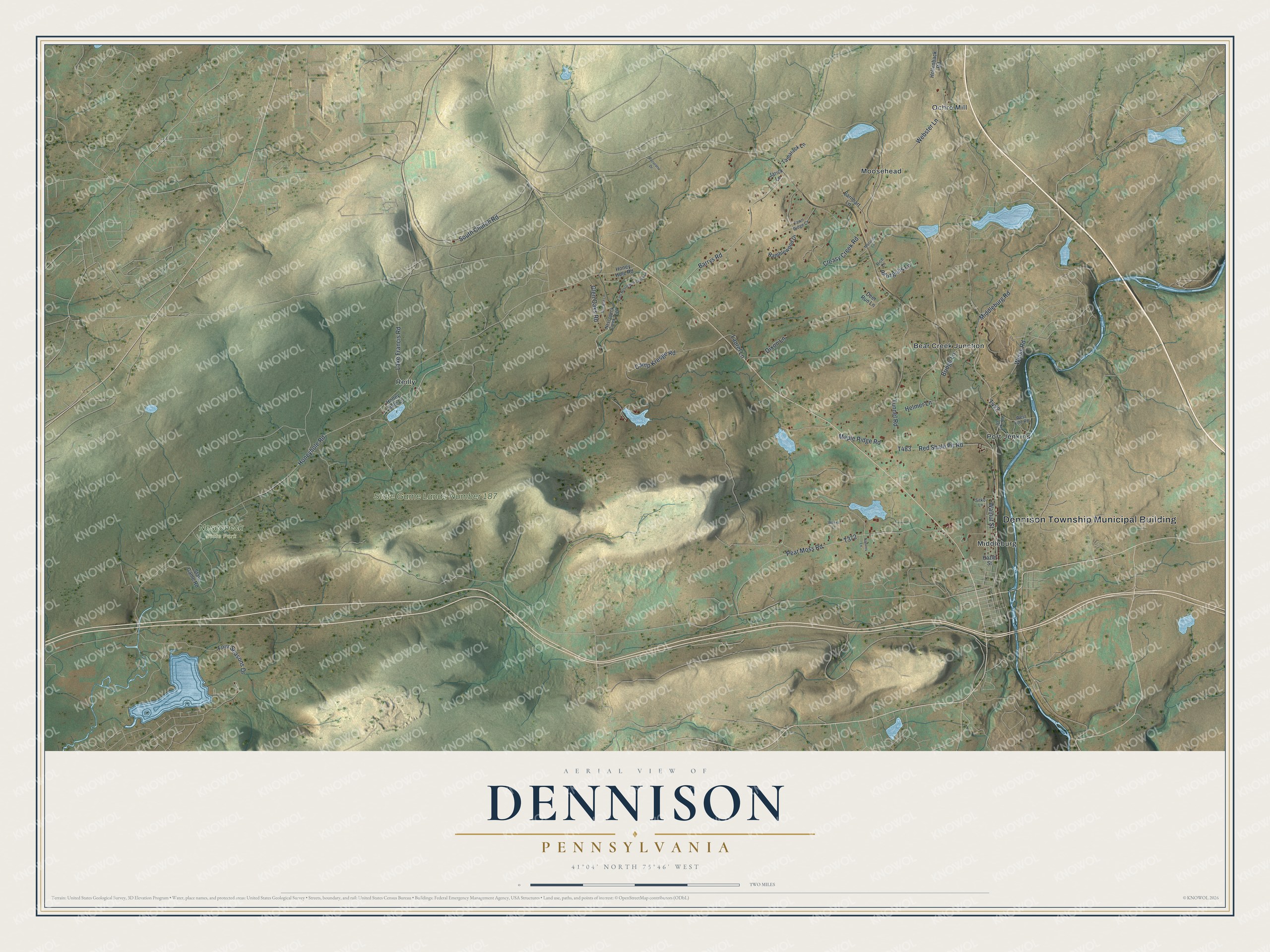 Full map of Dennison, Pennsylvania, with red buildings, printed street names and the land around them