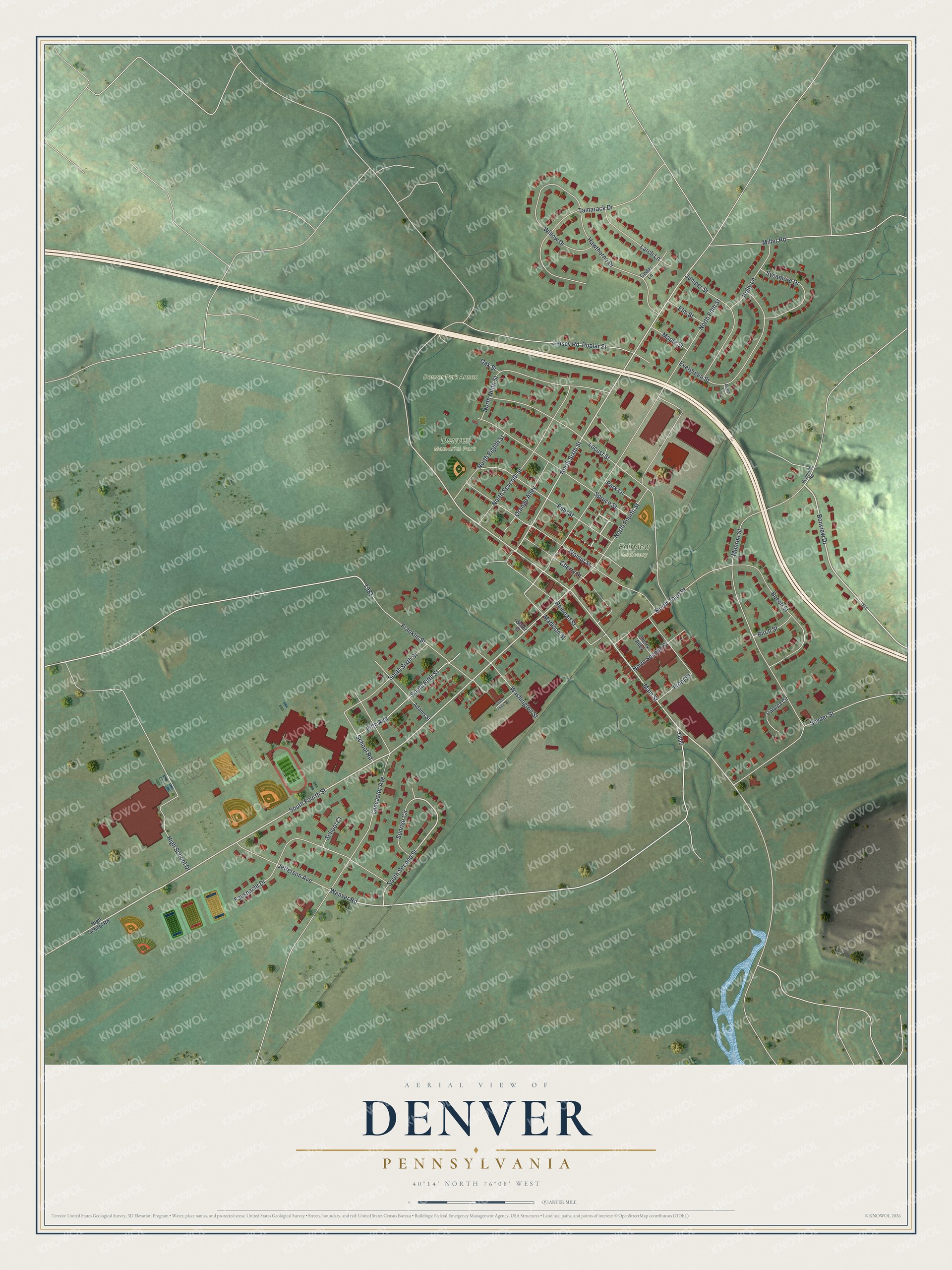 Full map of Denver, Pennsylvania, with red buildings, printed street names and the land around them