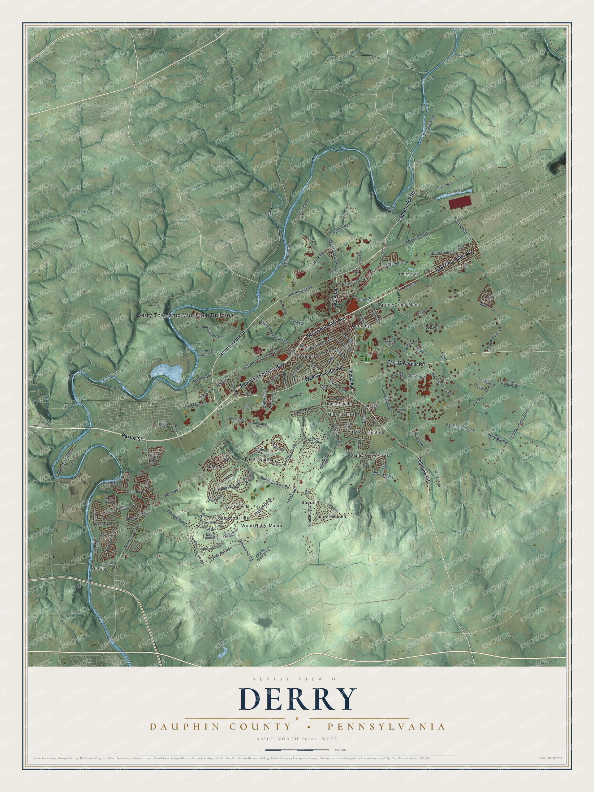 Full map of Derry, Dauphin County, Pennsylvania, with red buildings, printed street names and the land around them