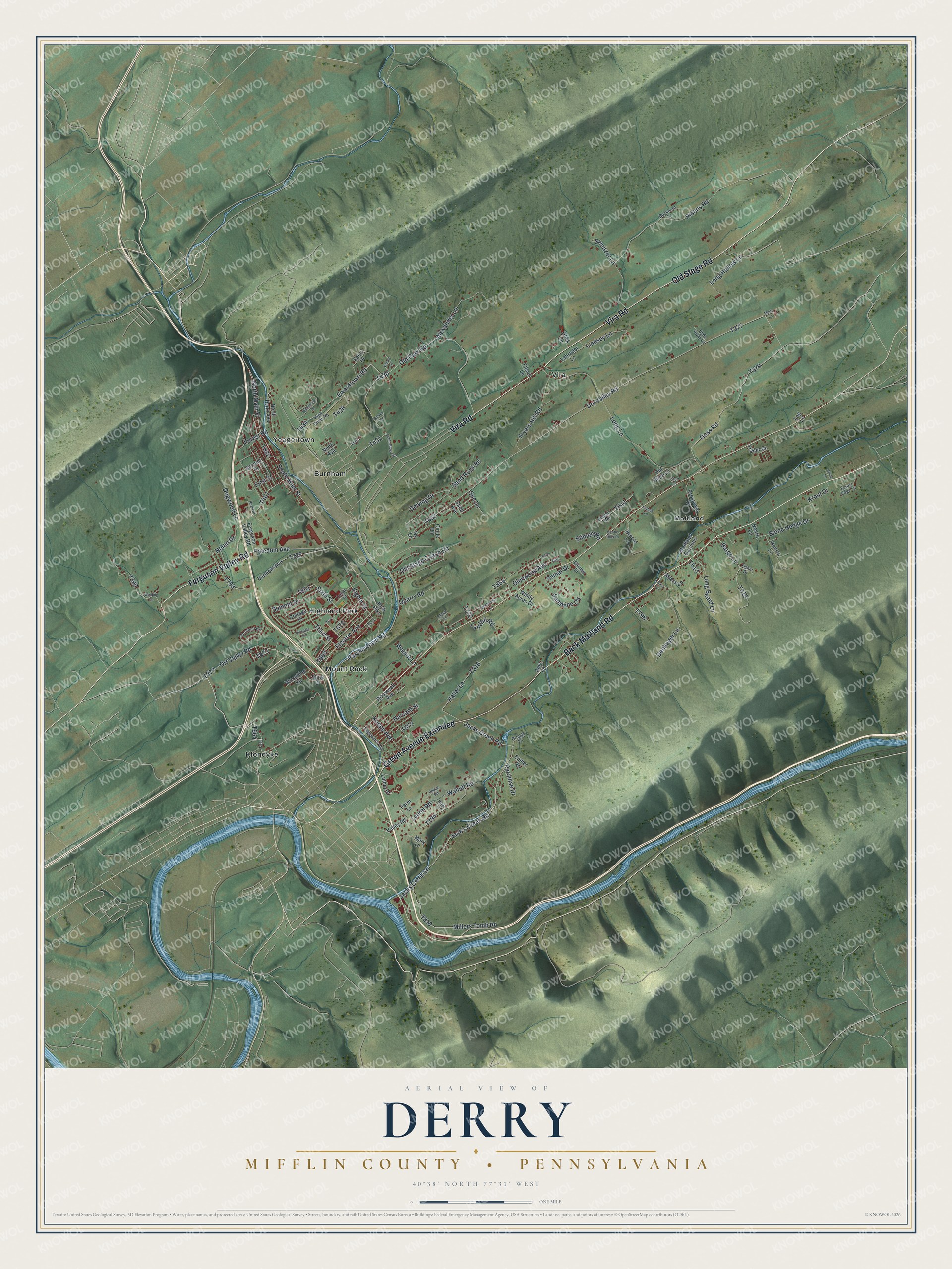 Full map of Derry, Mifflin County, Pennsylvania, with red buildings, printed street names and the land around them