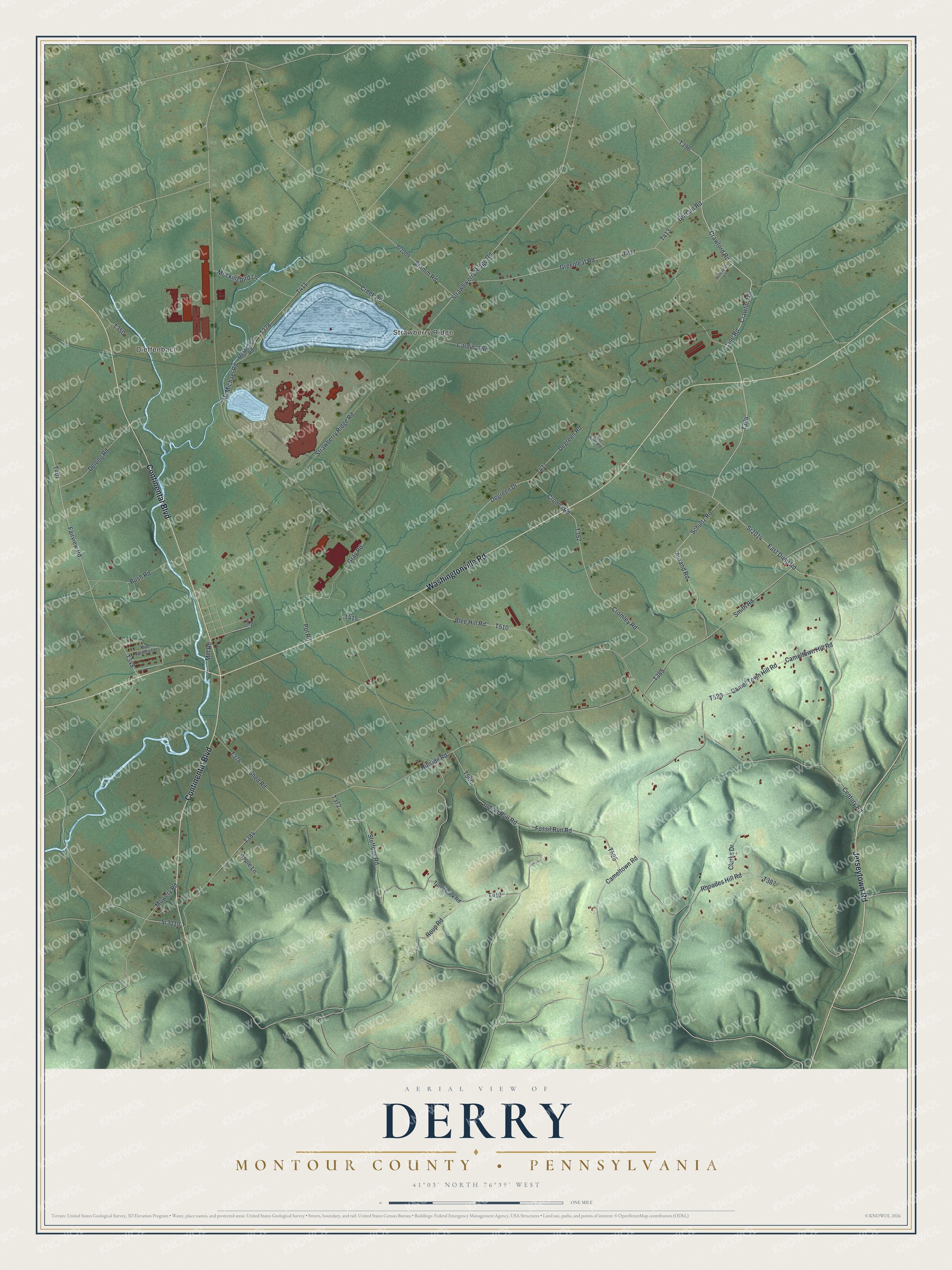 Full map of Derry, Montour County, Pennsylvania, with red buildings, printed street names and the land around them
