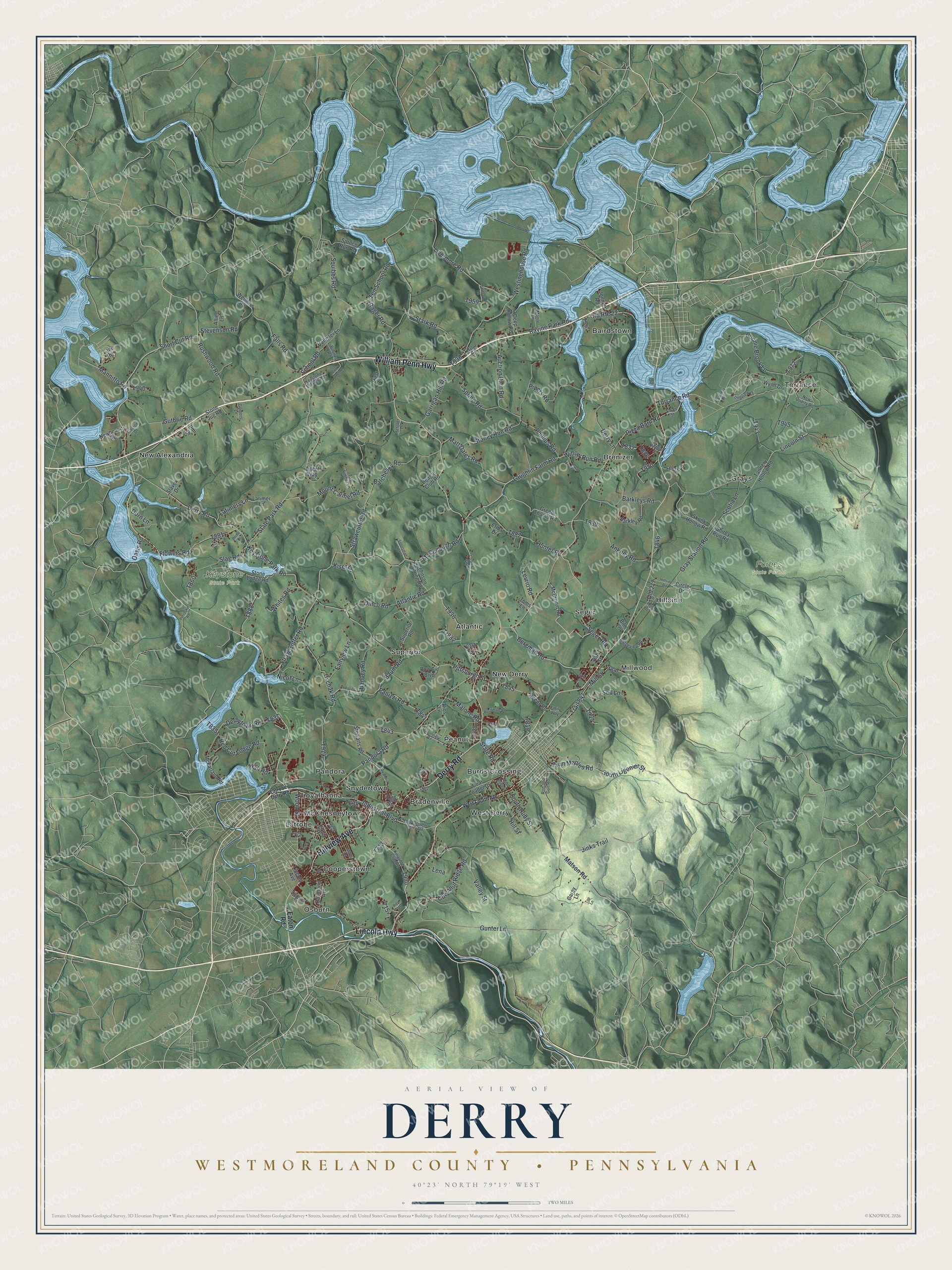 Full map of Derry Township, Westmoreland County, Pennsylvania, with red buildings, printed street names and the land around them