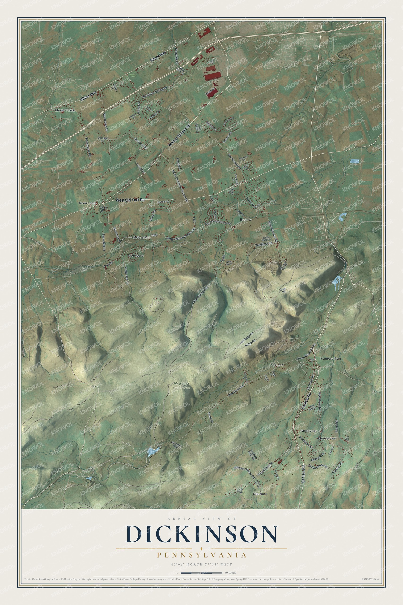 Full map of Dickinson, Pennsylvania, with red buildings, printed street names and the land around them