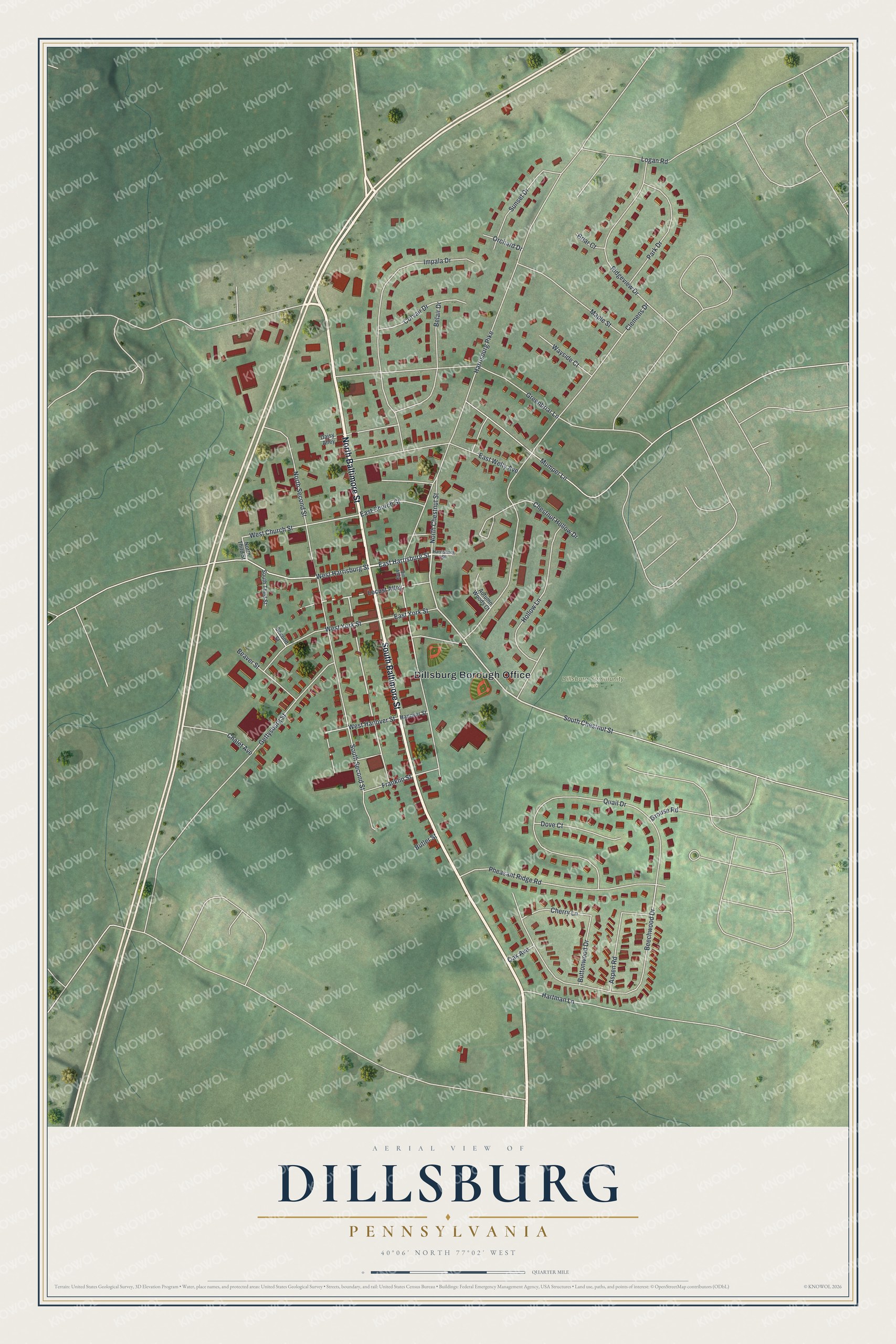 Full map of Dillsburg, Pennsylvania, with red buildings, printed street names and the land around them