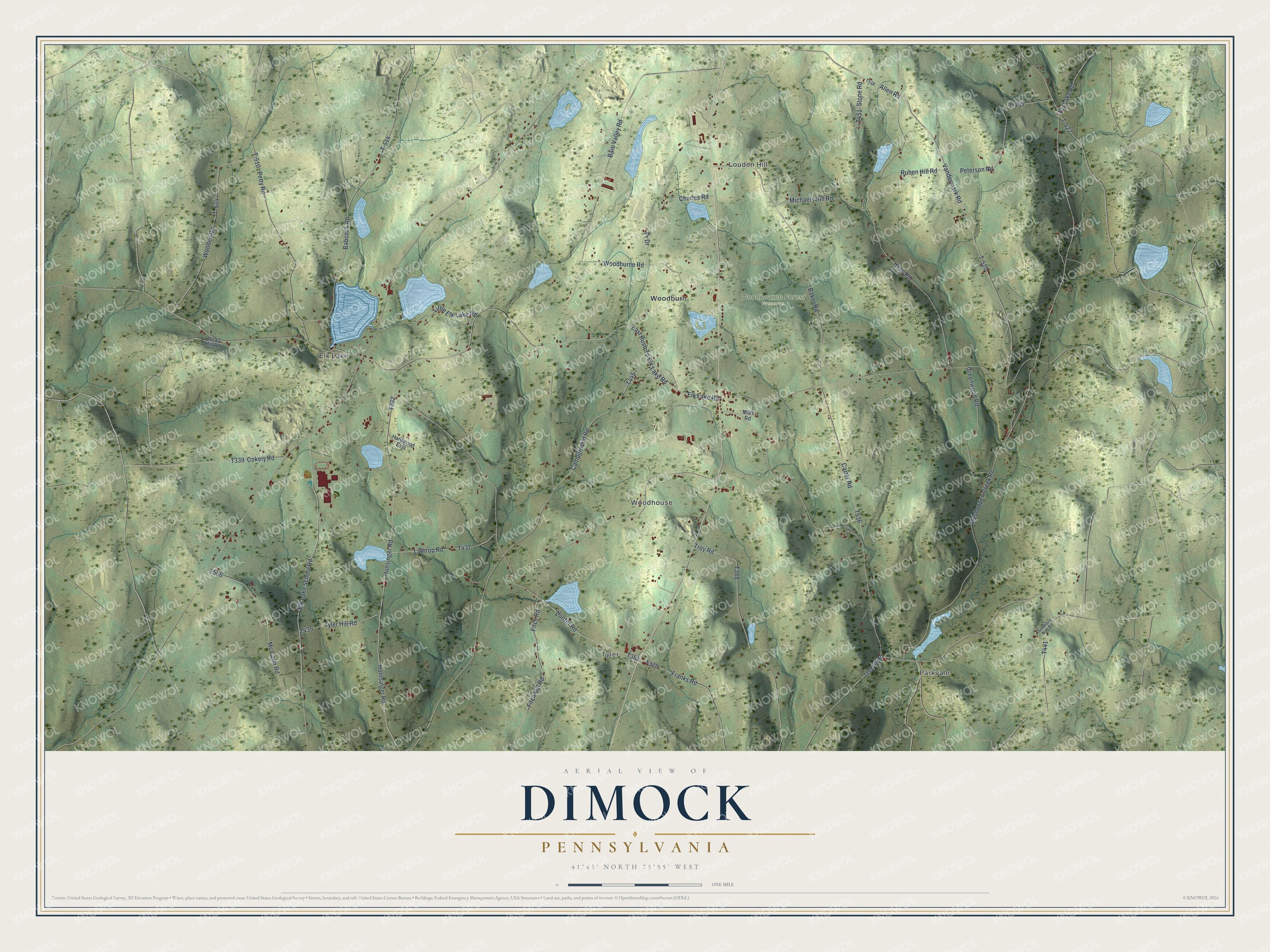 Full map of Dimock, Pennsylvania, with red buildings, printed street names and the land around them
