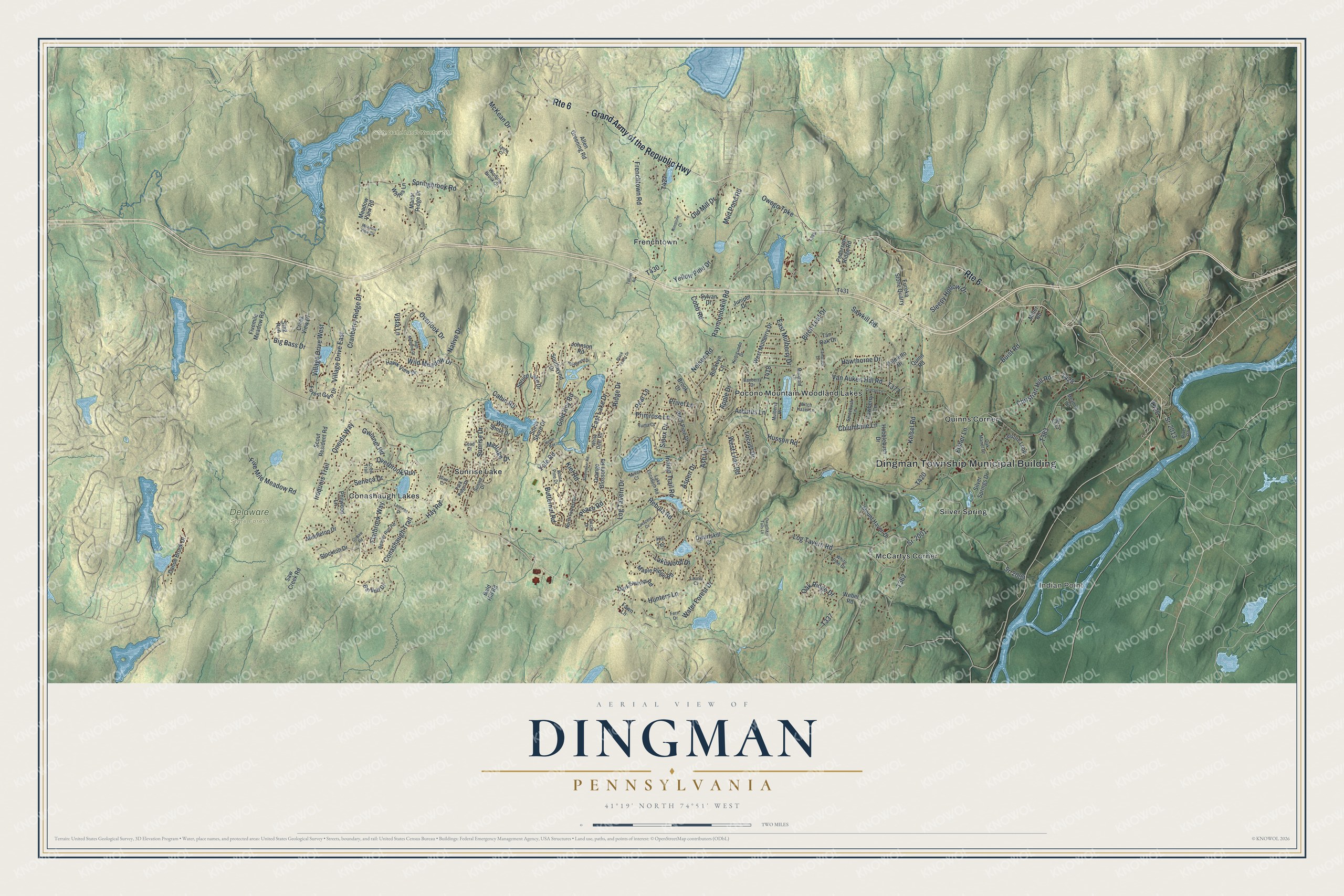 Full map of Dingman, Pennsylvania, with red buildings, printed street names and the land around them