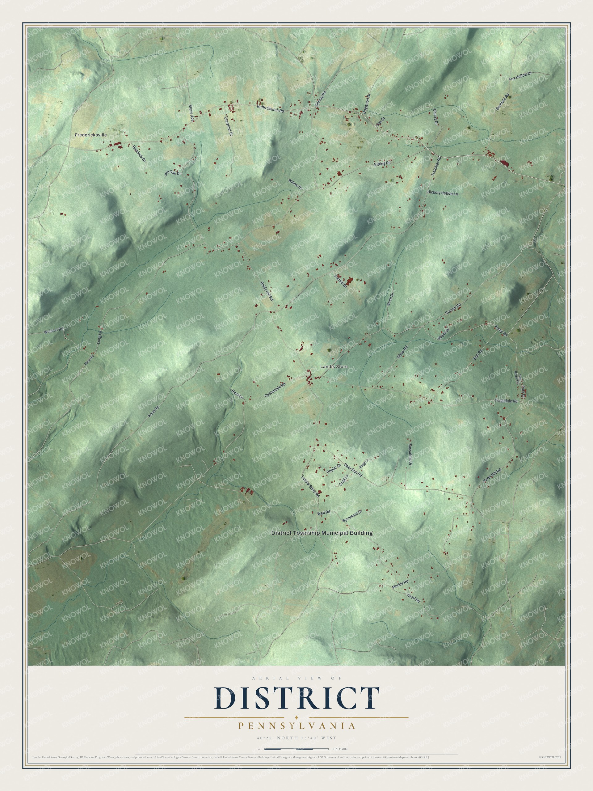 Full map of District, Pennsylvania, with red buildings, printed street names and the land around them