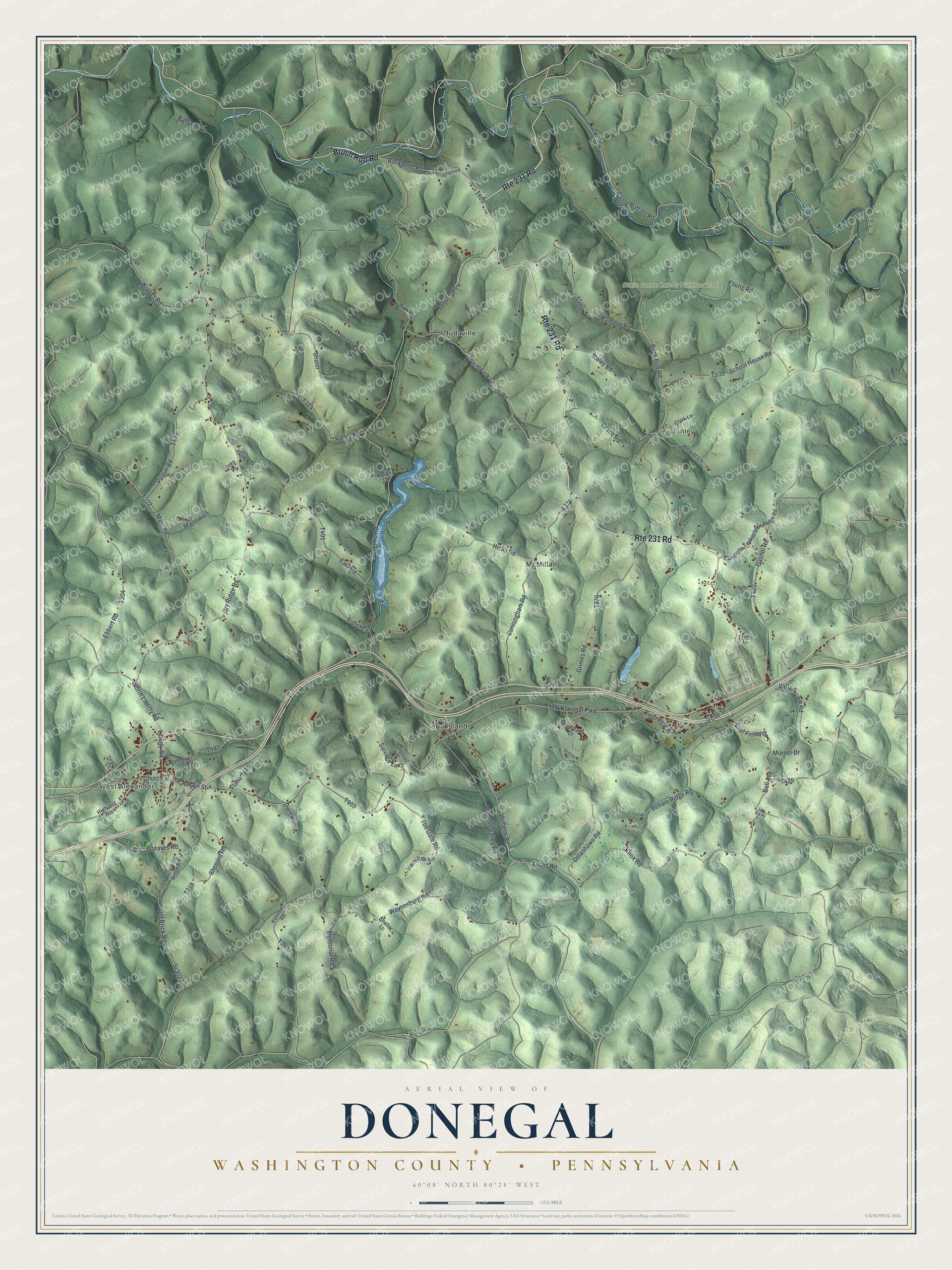 Full map of Donegal, Washington County, Pennsylvania, with red buildings, printed street names and the land around them