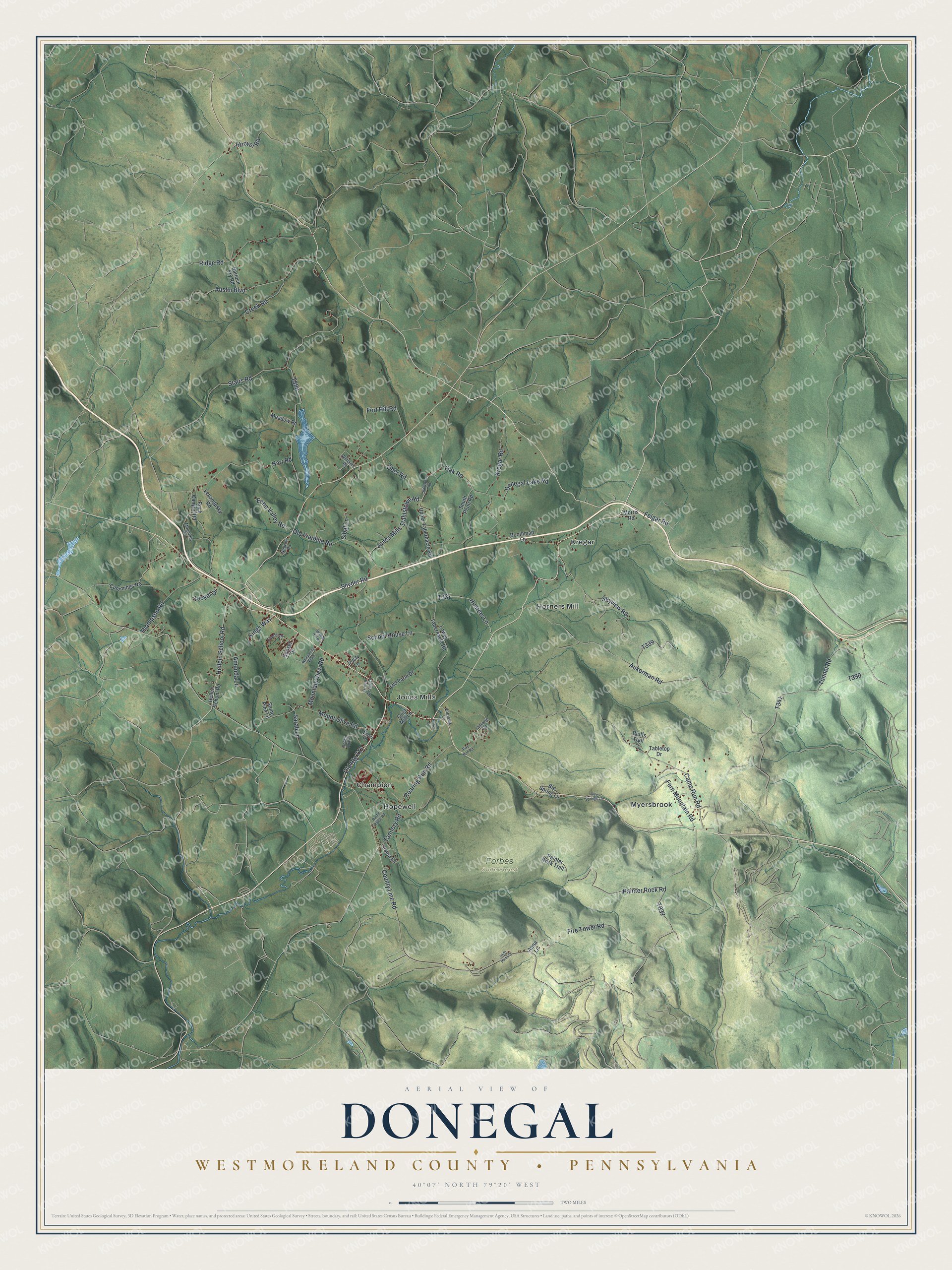 Full map of Donegal Township, Westmoreland County, Pennsylvania, with red buildings, printed street names and the land around them