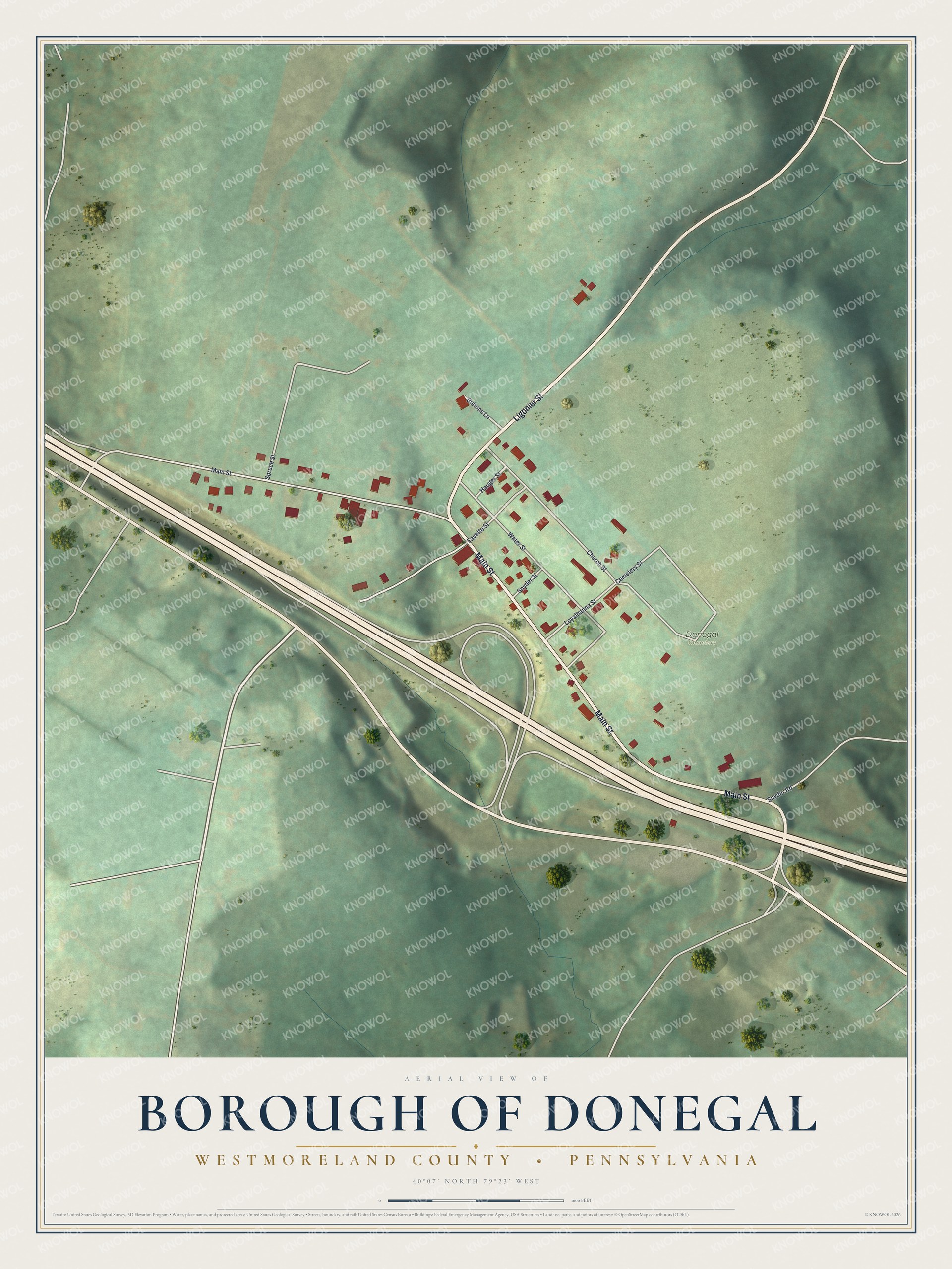 Full map of Donegal Borough, Westmoreland County, Pennsylvania, with red buildings, printed street names and the land around them