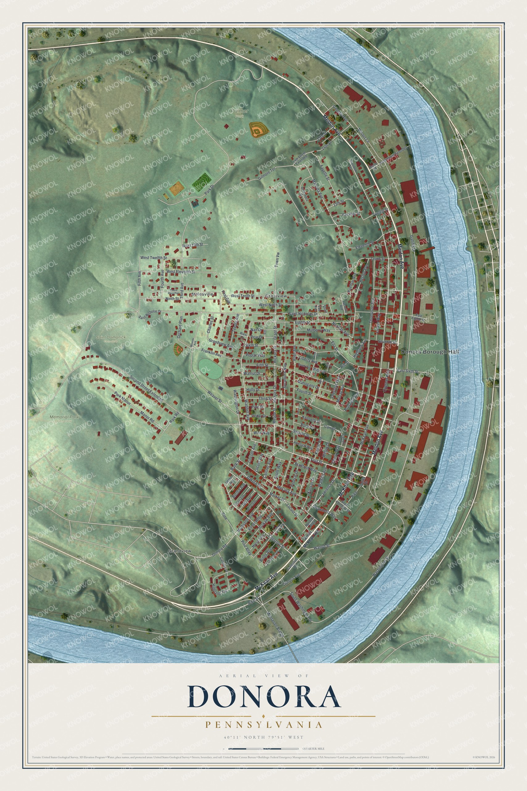 Full map of Donora, Pennsylvania, with red buildings, printed street names and the land around them