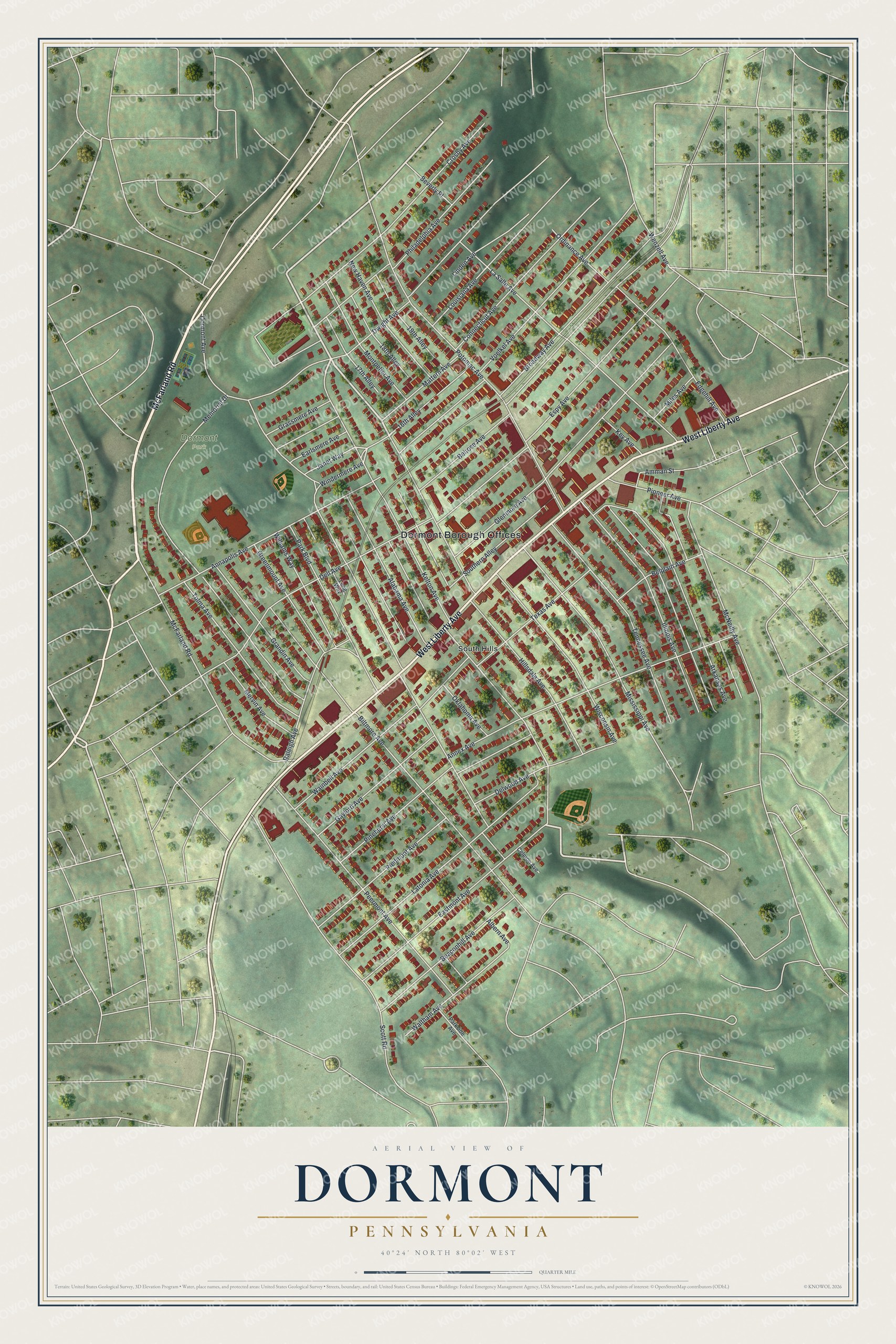 Aerial-style map of Dormont, Pennsylvania, with rows of red buildings along West Liberty Avenue and green hills around the borough