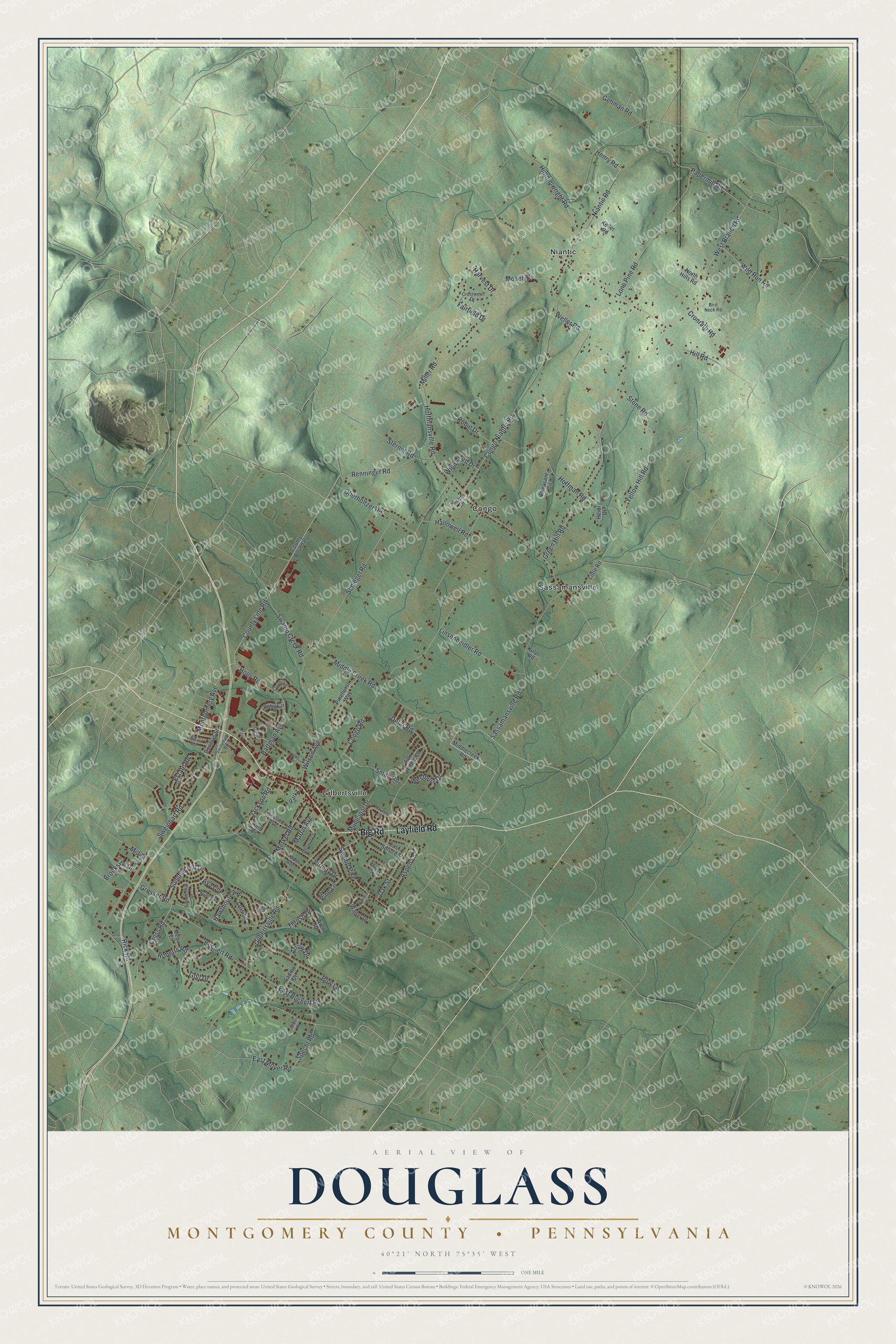 Aerial map of Douglass Township, Pennsylvania, with green shaded hills and red buildings from Gilbertsville up to Niantic