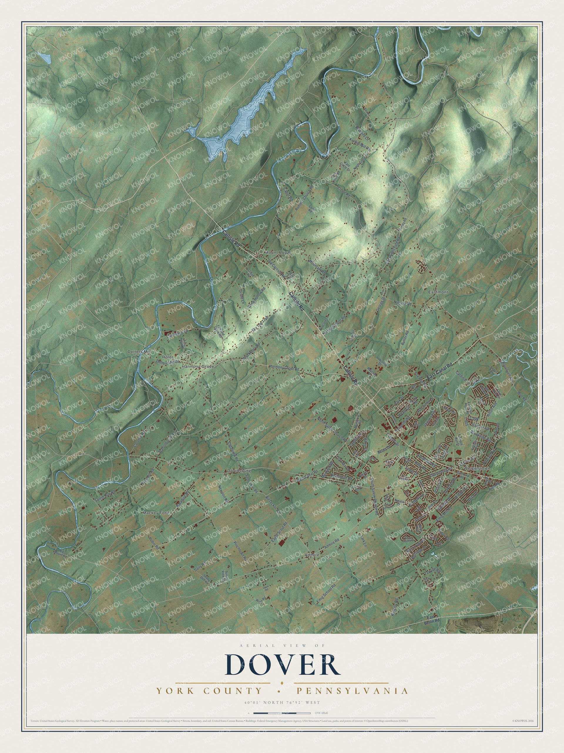 Full map of Dover Township, Pennsylvania, with red buildings, printed street names and the land around them
