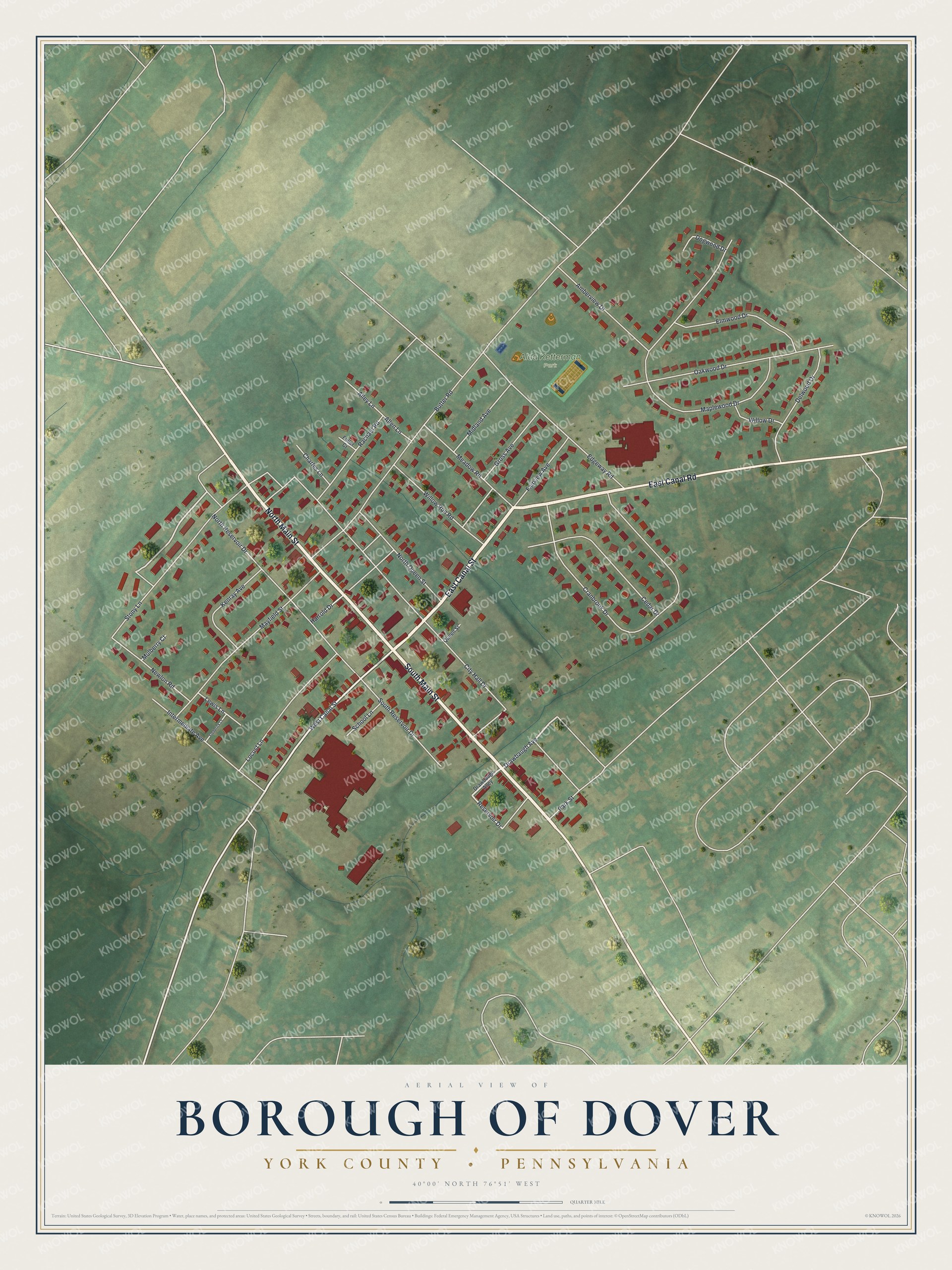 Full map of Dover Borough, Pennsylvania, with red buildings, printed street names and the land around them