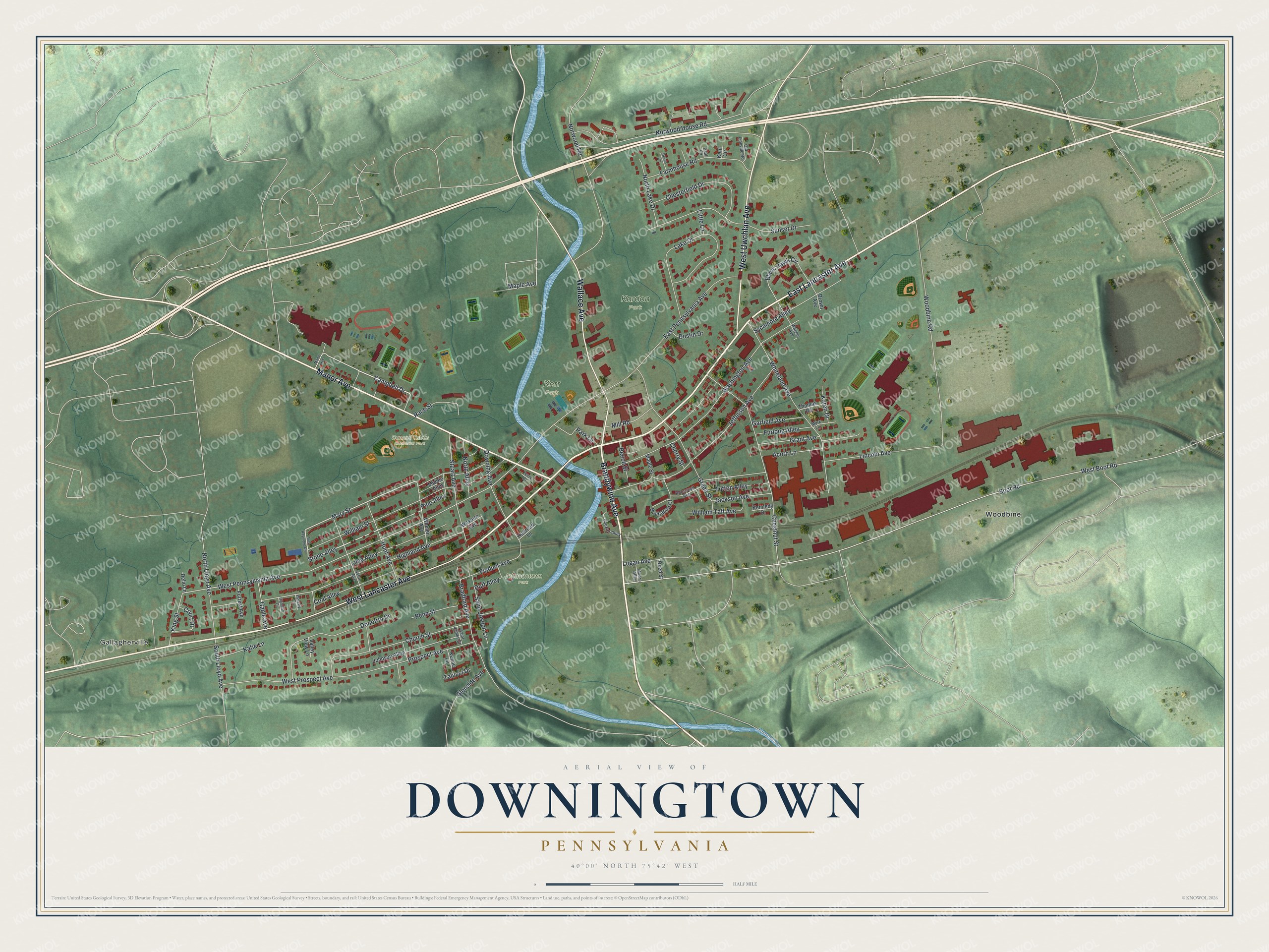 Full map of Downingtown, Pennsylvania, with red buildings, printed street names and the land around them