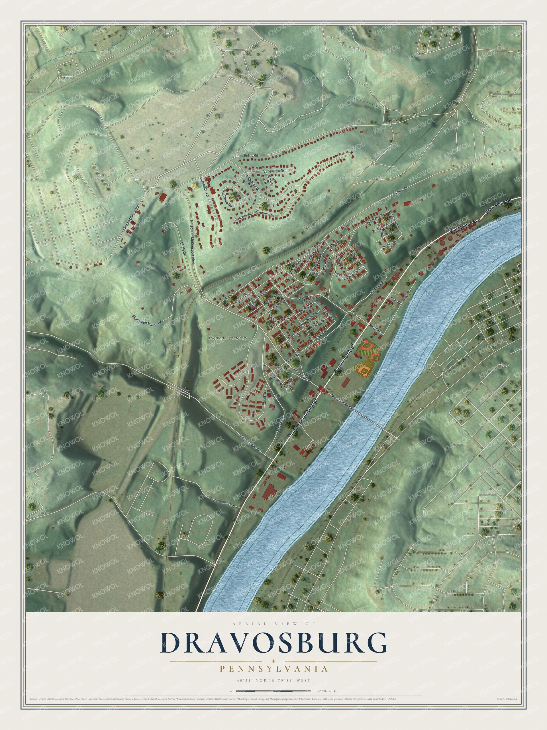 Full map of Dravosburg, Pennsylvania, with red buildings, printed street names and the land around them