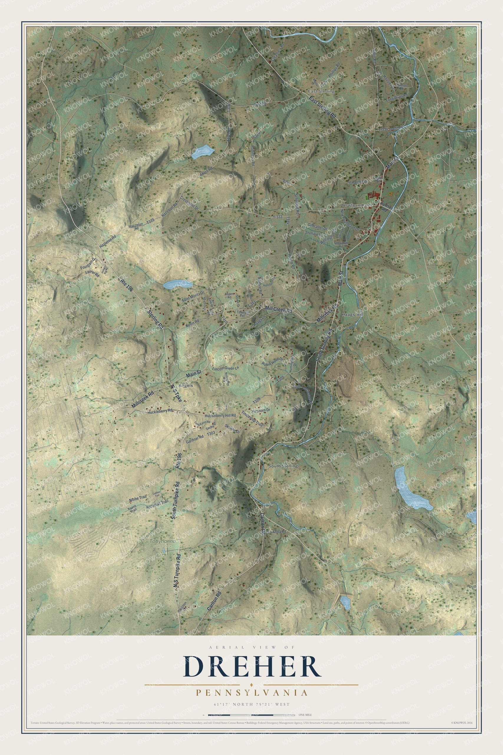 Full map of Dreher, Pennsylvania, with red buildings, printed street names and the land around them