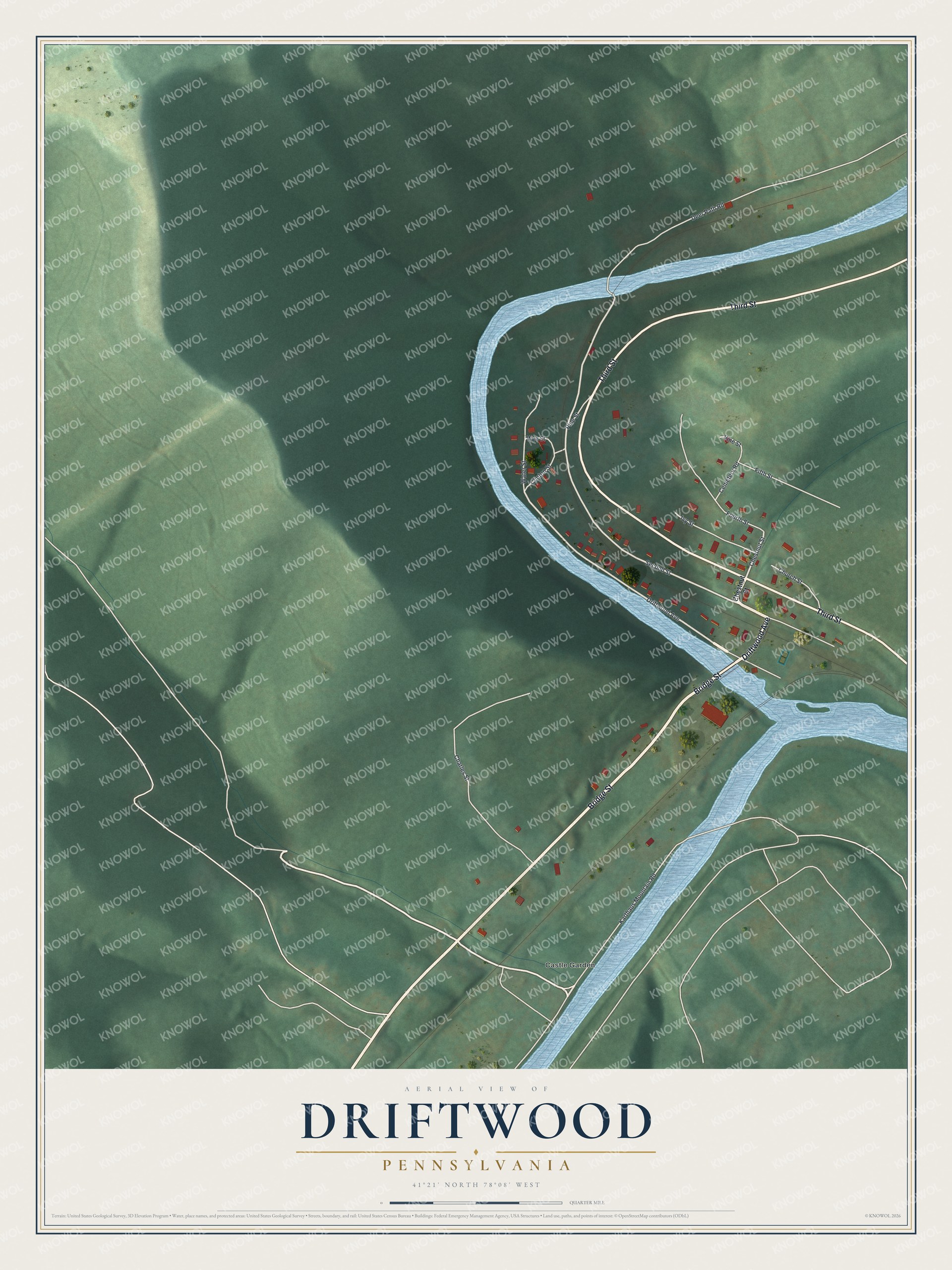 Full map of Driftwood, Pennsylvania, with red buildings, printed street names and the land around them