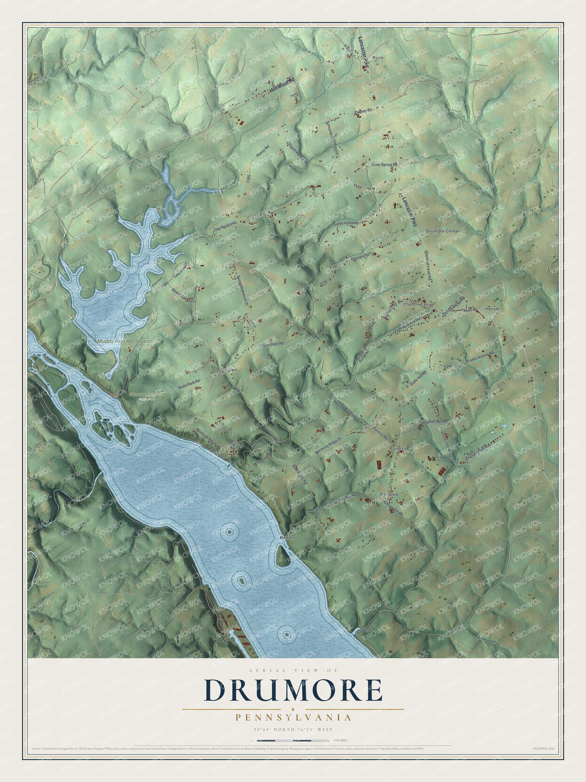 Full map of Drumore, Pennsylvania, with red buildings, printed street names and the land around them